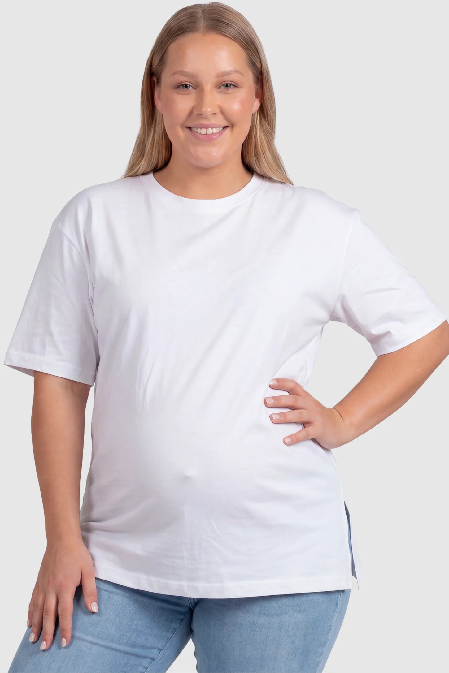 Basic One-Sided Slit Short Sleeve Maternity Top Basic one-sided slit short sleeve maternity top in white with classic round neckline, front view on plus-size model