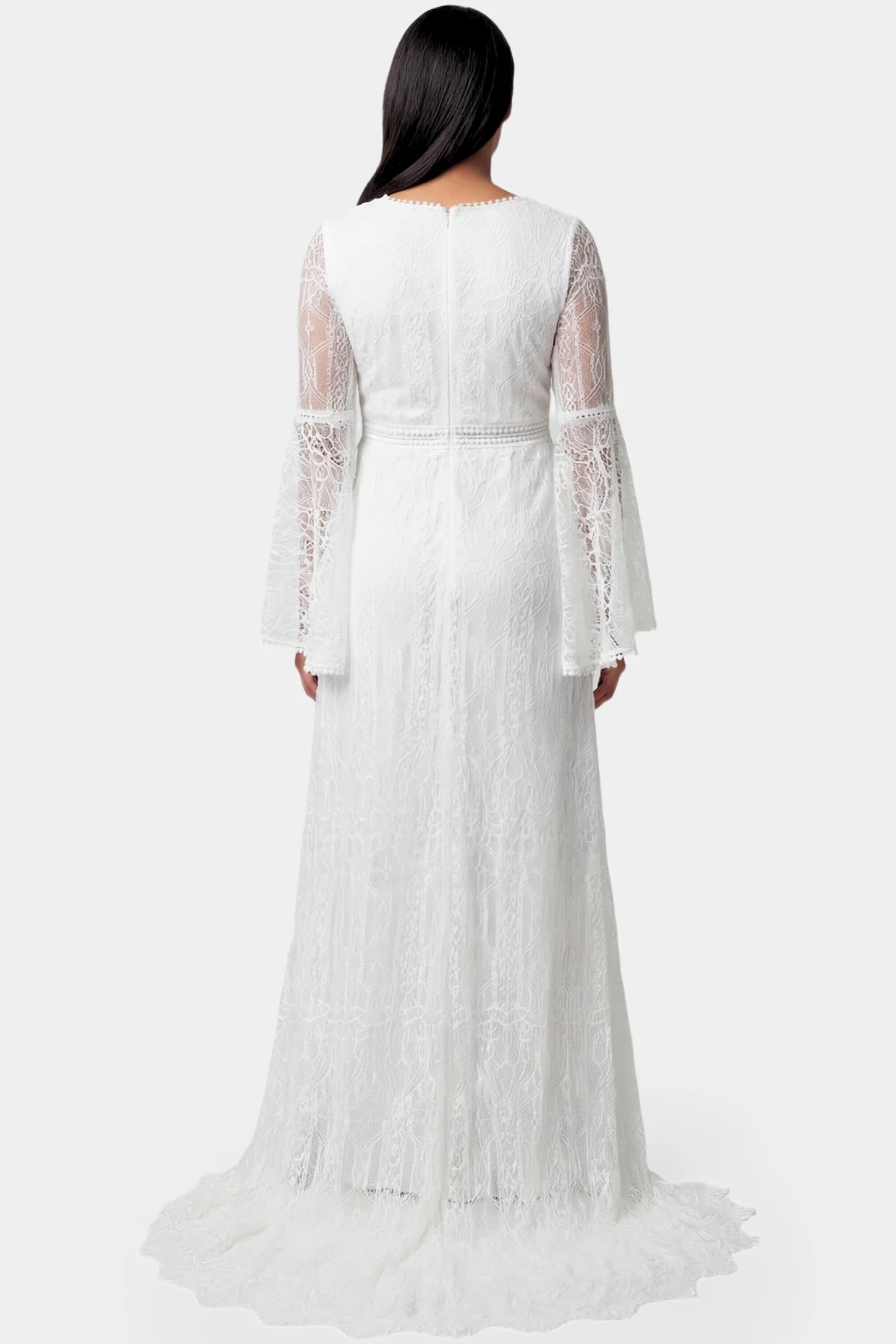 Lace Bell-Sleeve Bridal Maternity Gown Lace Bell Sleeve Bridal Maternity Gown in white featuring scalloped lace hem and flowy back train on a pregnant model.