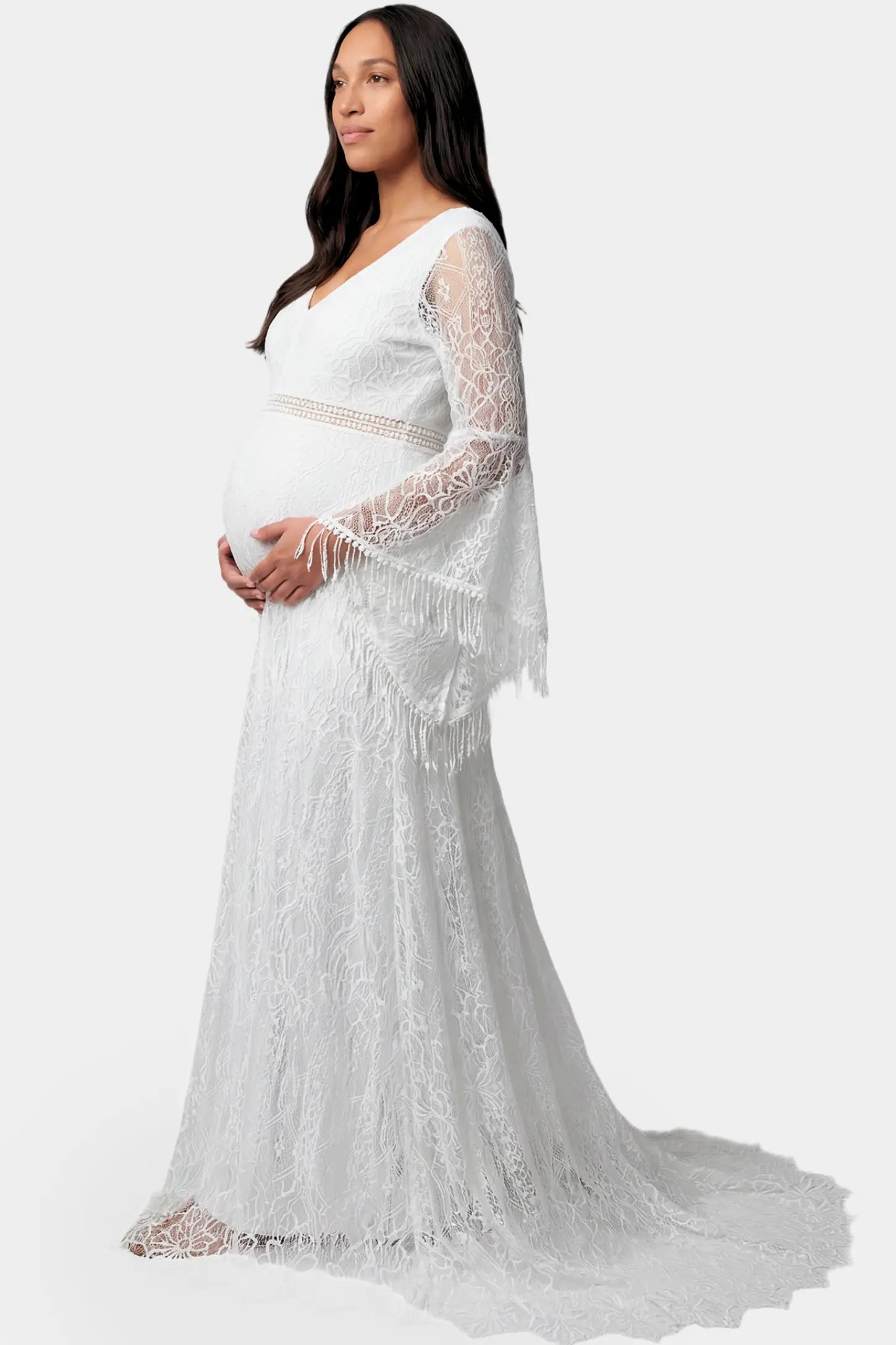 Lace Bell Sleeve Bridal Maternity Gown in white featuring scalloped lace hem and flowy back train on a pregnant model.