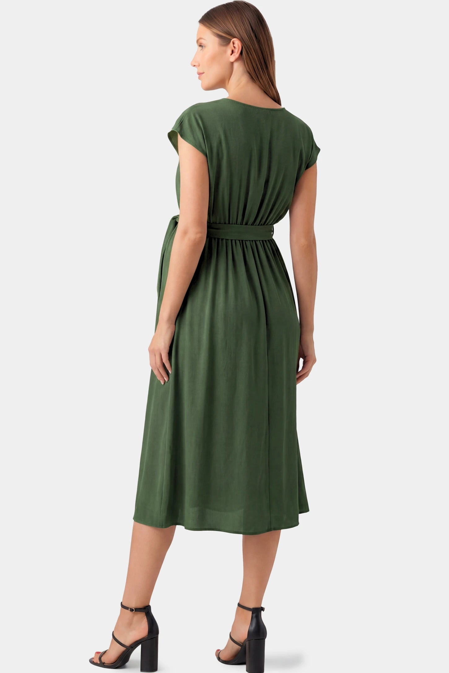 Cap Sleeves Belted Maternity Midi Dress Cap Sleeves Belted Maternity Midi Dress in army green featuring cap sleeves, and a self-tie waist belt on a pregnant model.