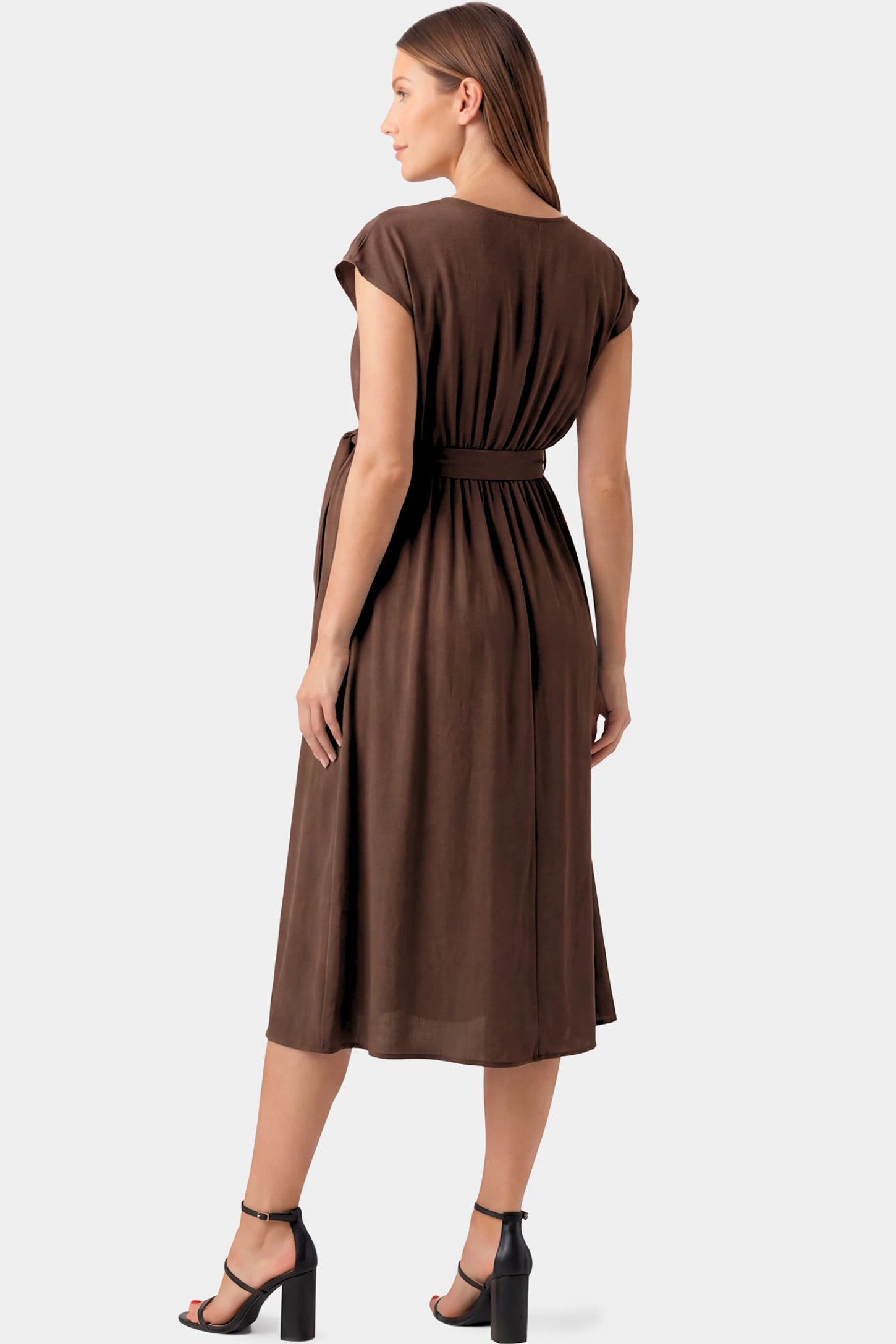 Cap Sleeves Belted Maternity Midi Dress Cap Sleeves Belted Maternity Midi Dress in coffee featuring cap sleeves, and a self-tie waist belt on a pregnant model.