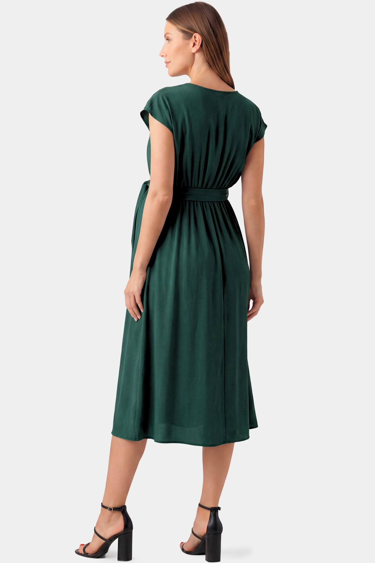 Cap Sleeves Belted Maternity Midi Dress Cap Sleeves Belted Maternity Midi Dress in dark green featuring cap sleeves, and a self-tie waist belt on a pregnant model.