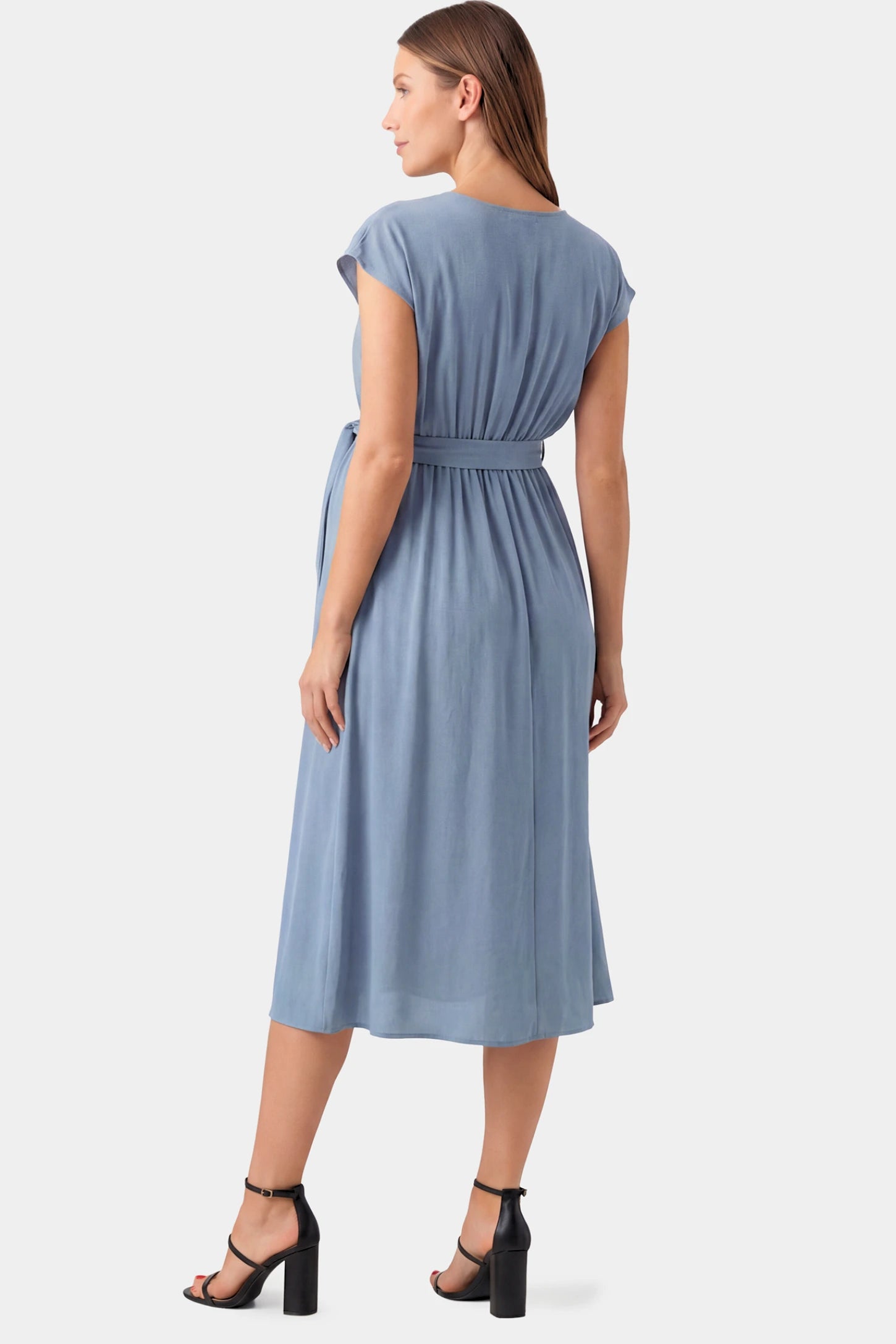 Cap Sleeves Belted Maternity Midi Dress Cap Sleeves Belted Maternity Midi Dress in light blue featuring  cap sleeves, and a self-tie waist belt on a pregnant model.