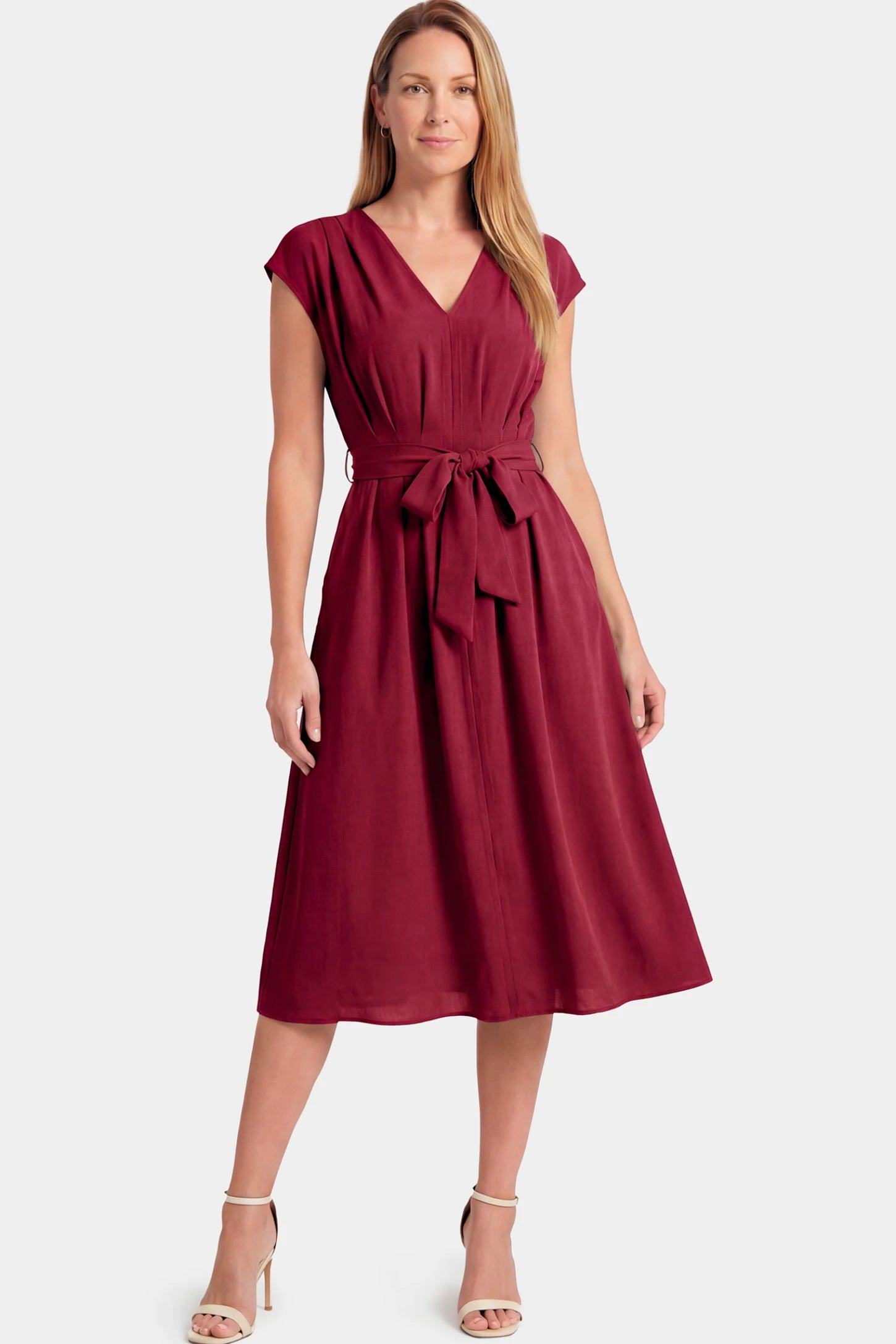 Cap Sleeves Belted Maternity Midi Dress Cap Sleeves Belted Maternity Midi Dress in wine red featuring a V-neckline, cap sleeves, and a self-tie waist belt on a non pregnant model.