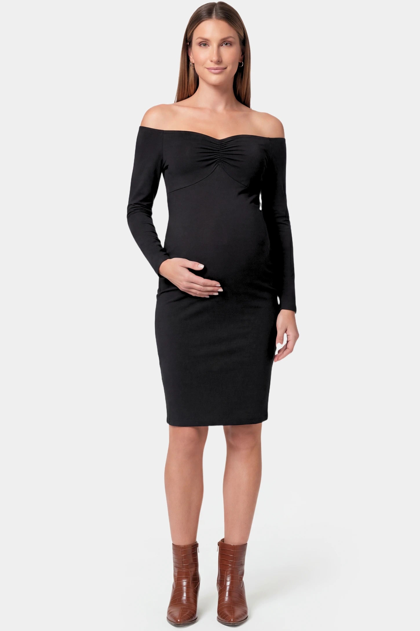 Off-Shoulder Bodycon Maternity Midi Dress in black featuring sweetheart neckline and long sleeves on a pregnant model.