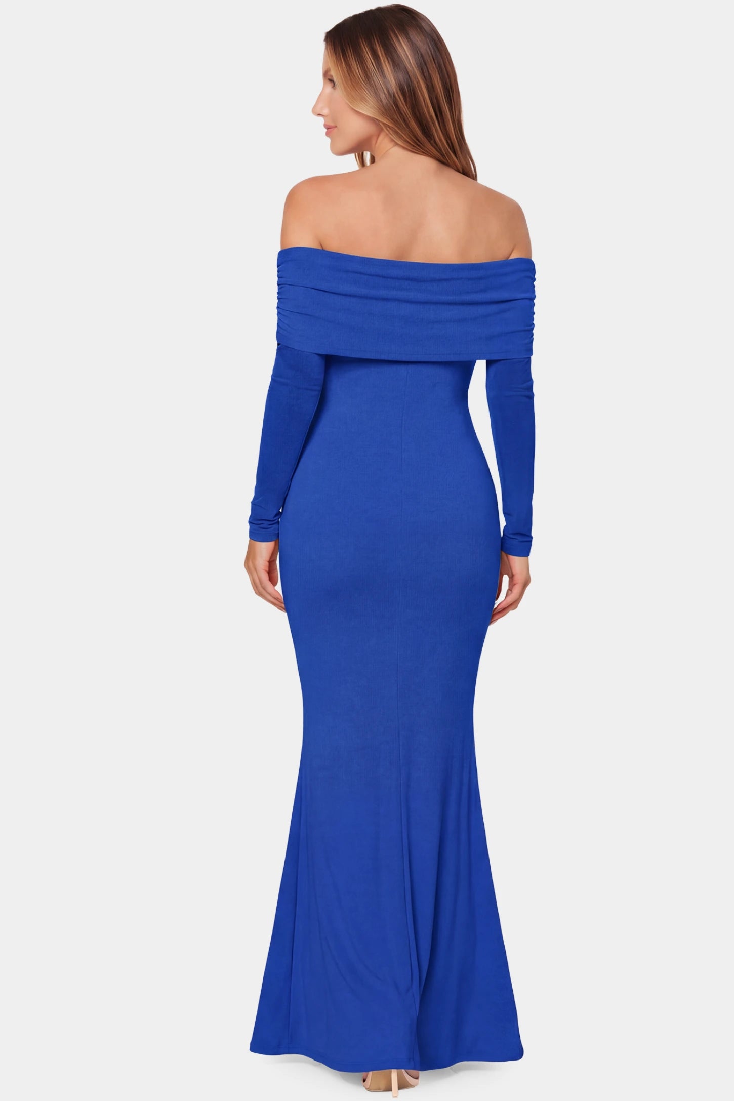 Off-the-Shoulder Long Sleeve Bodycon Maxi Maternity Dress Off-the-shoulder long sleeve bodycon maxi maternity dress in blue featuring fitted silhouette in full body back view on a pregnant model