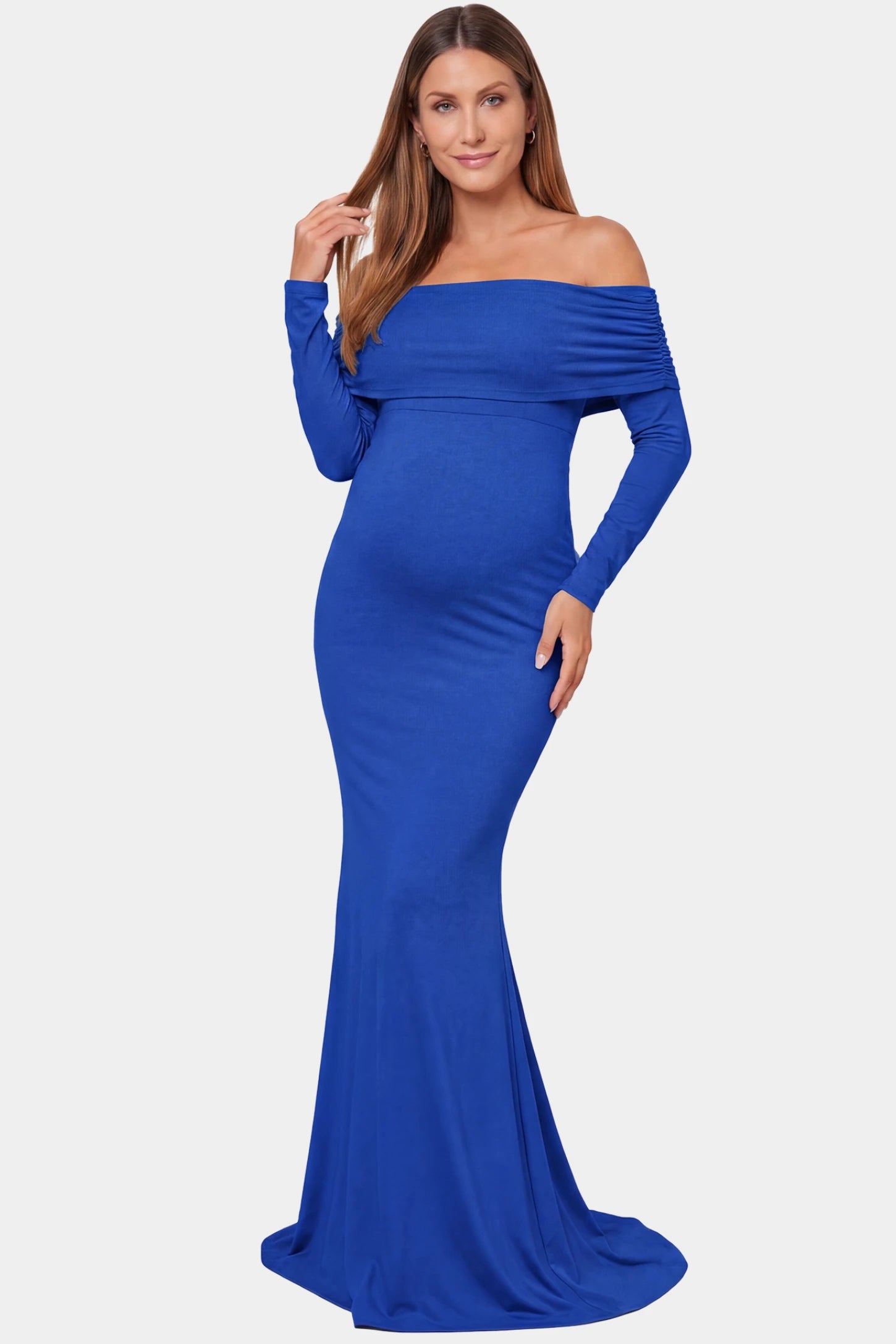 Off-the-Shoulder Long Sleeve Bodycon Maxi Maternity Dress Off-the-shoulder long sleeve bodycon maxi maternity dress in blue featuring fitted silhouette in full body front view on a pregnant model