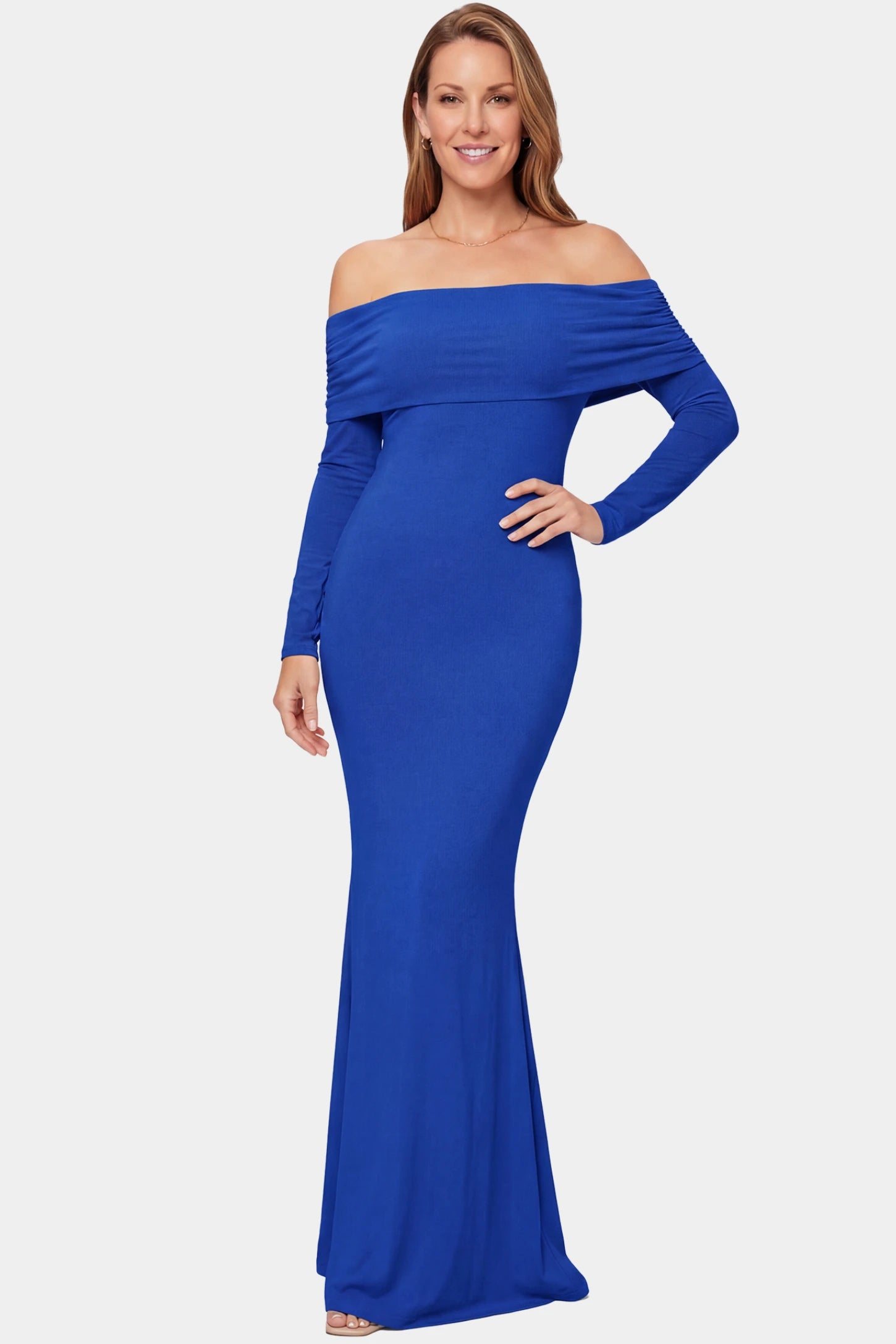 Off-the-Shoulder Long Sleeve Bodycon Maxi Maternity Dress Off-the-shoulder long sleeve bodycon maxi maternity dress in blue featuring fitted silhouette in full body front view on a postpartum model
