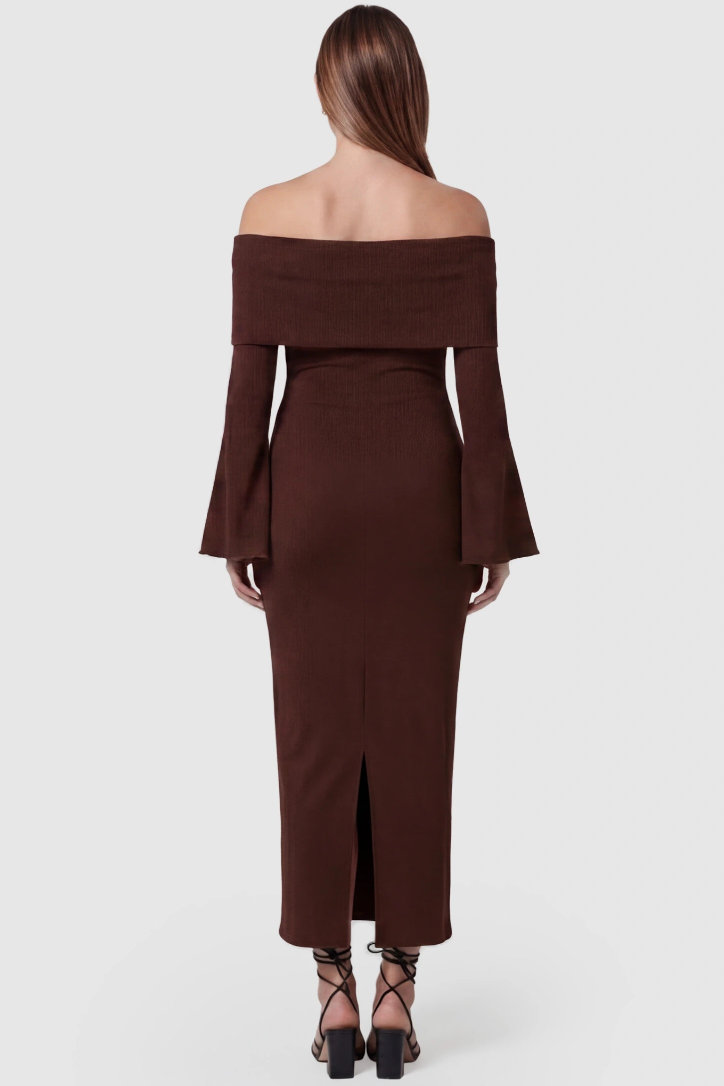 Ruched Off-shoulder Bodycon Maternity Midi Dress Ruched off-shoulder bodycon maternity midi dress in coffee with long sleeves and back slit, back view on pregnant model