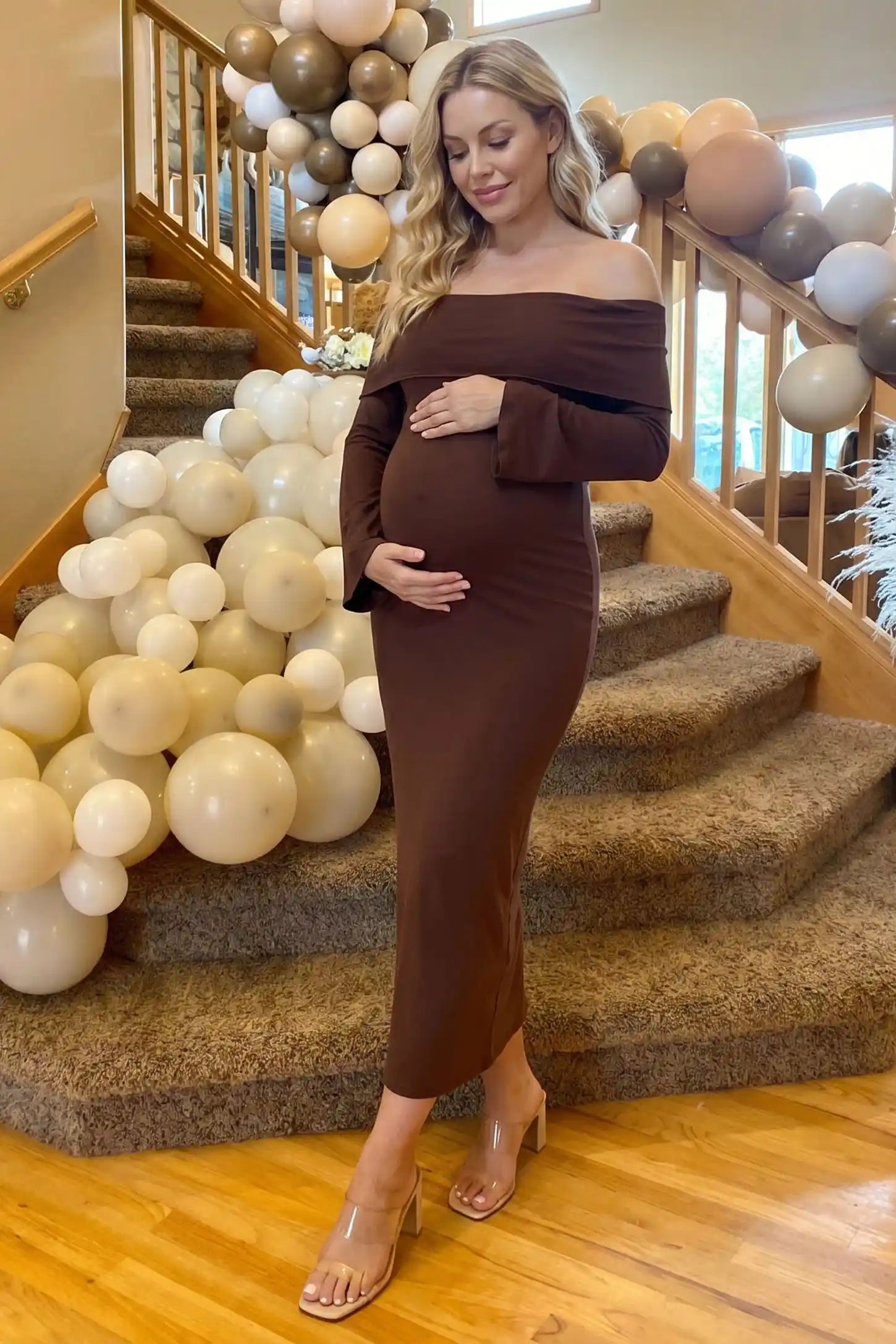 Ruched off-shoulder bodycon maternity midi dress in coffee with off-shoulder neckline, front view on pregnant model