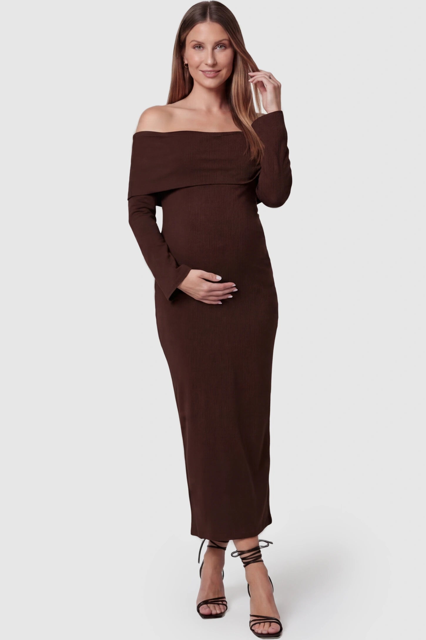 Ruched Off-shoulder Bodycon Maternity Midi Dress Ruched off-shoulder bodycon maternity midi dress in coffee with off-shoulder neckline, front view on pregnant model