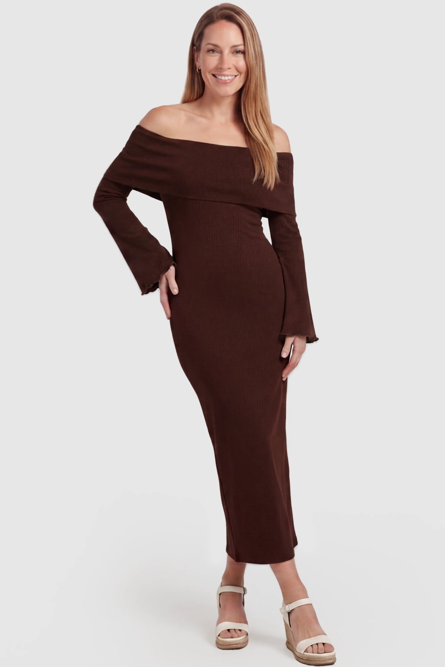 Ruched Off-shoulder Bodycon Maternity Midi Dress Ruched off-shoulder bodycon maternity midi dress in coffee with off-shoulder neckline, front view on postpartum model
