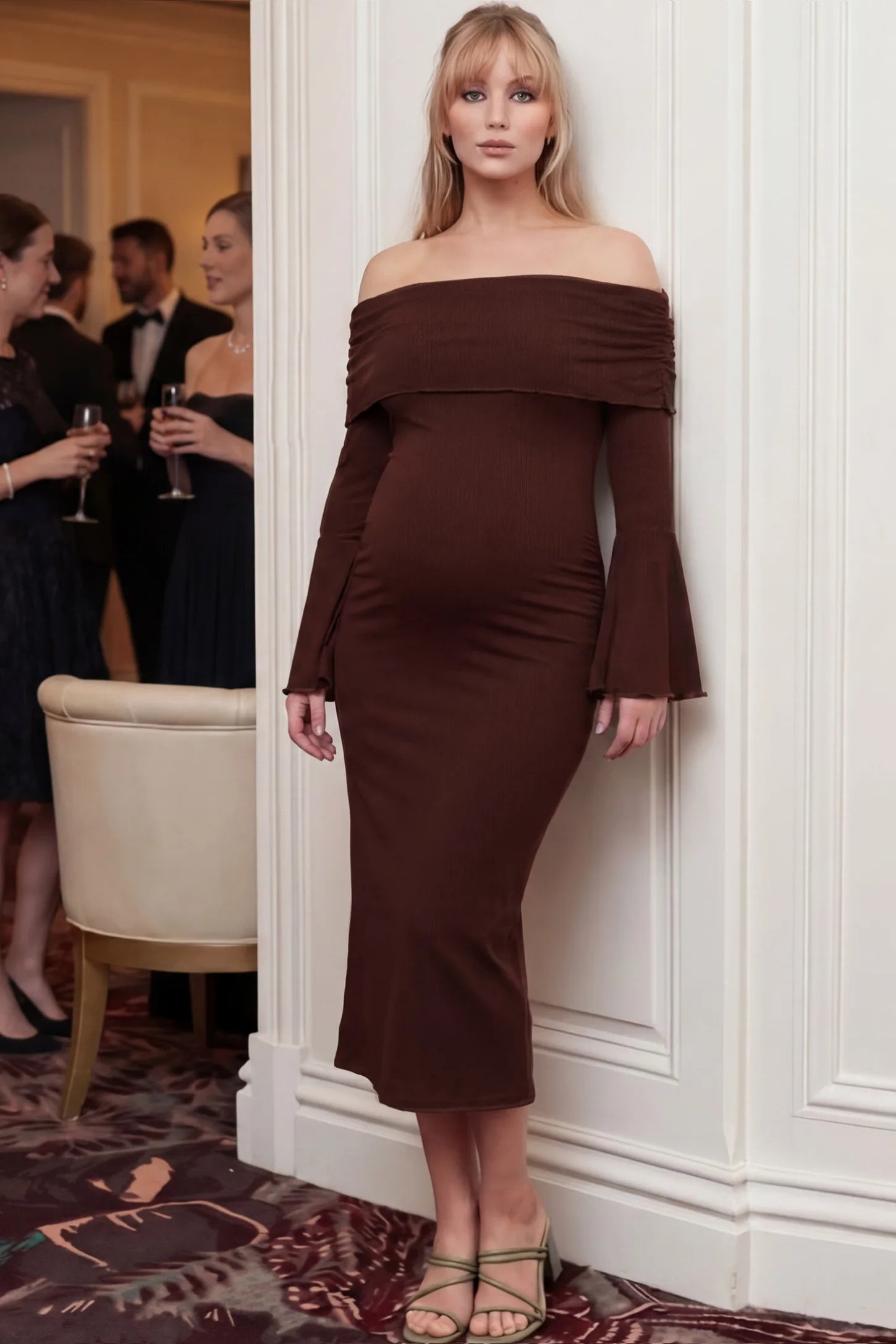 Ruched Off-shoulder Bodycon Maternity Midi Dress Ruched off-shoulder bodycon maternity midi dress in coffee with off-shoulder neckline, front view on pregnant model