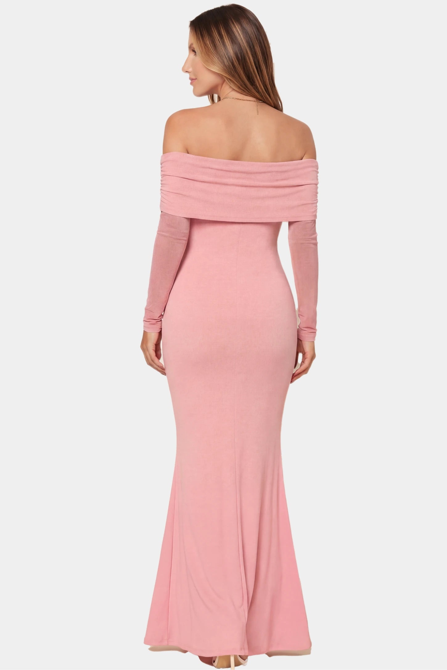 Off-the-Shoulder Long Sleeve Bodycon Maxi Maternity Dress Off-the-shoulder long sleeve bodycon maxi maternity dress in pink featuring fitted silhouette in full body back view on a pregnant model