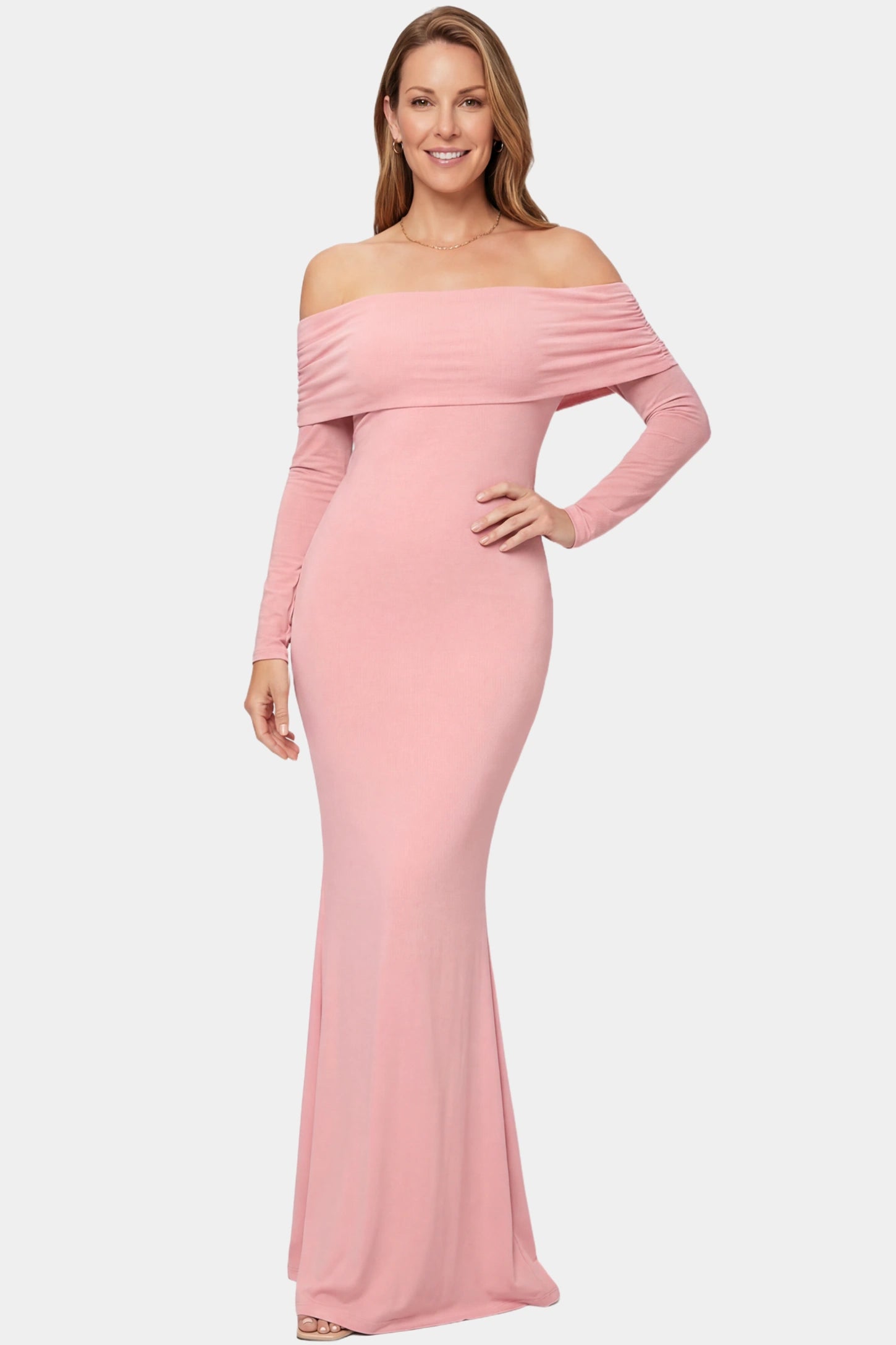 Off-the-Shoulder Long Sleeve Bodycon Maxi Maternity Dress Off-the-shoulder long sleeve bodycon maxi maternity dress in pink featuring fitted silhouette in full body front view on a postpartum model