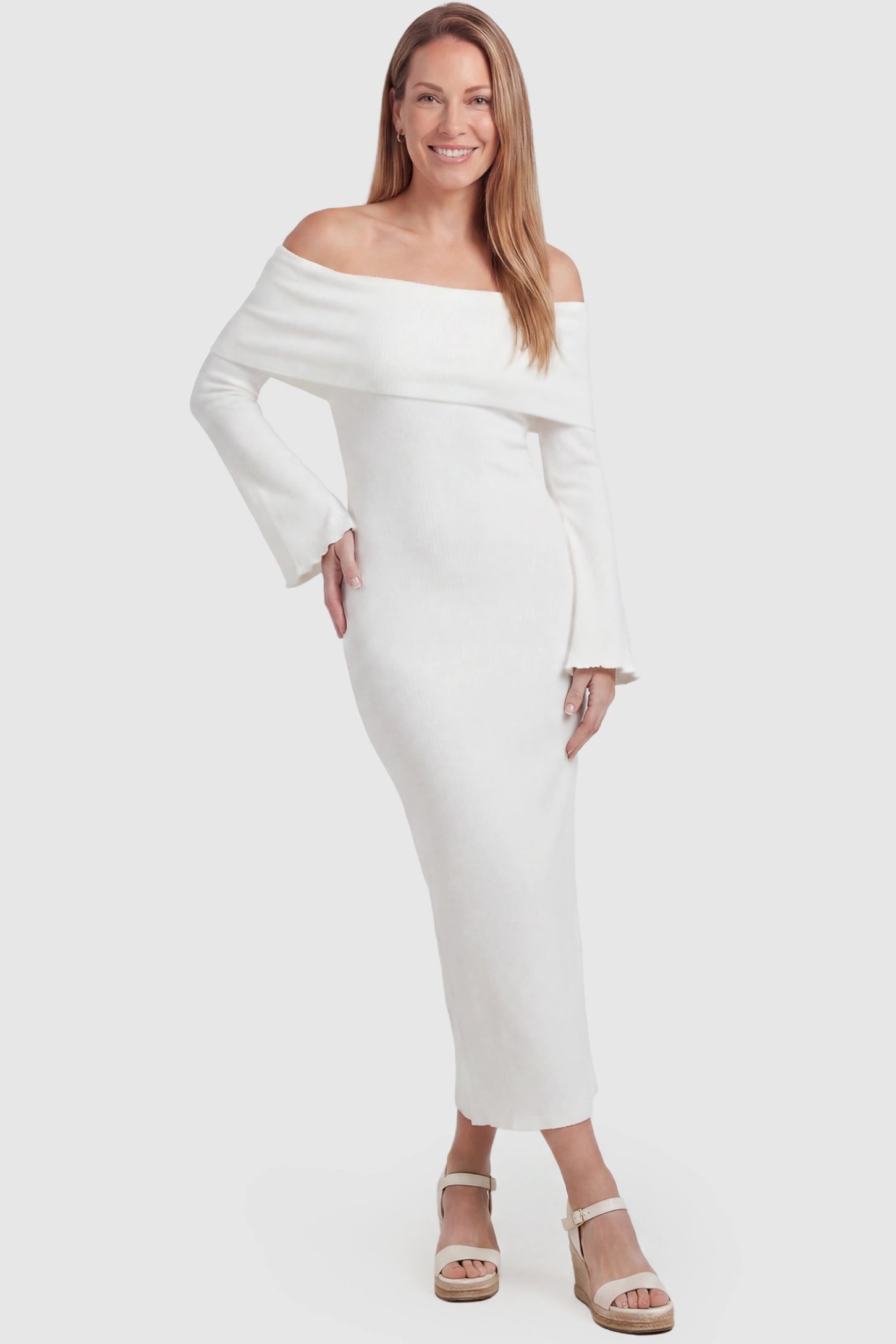 Ruched Off-shoulder Bodycon Maternity Midi Dress Ruched off-shoulder bodycon maternity midi dress in white with off-shoulder neckline, front view on postpartum model