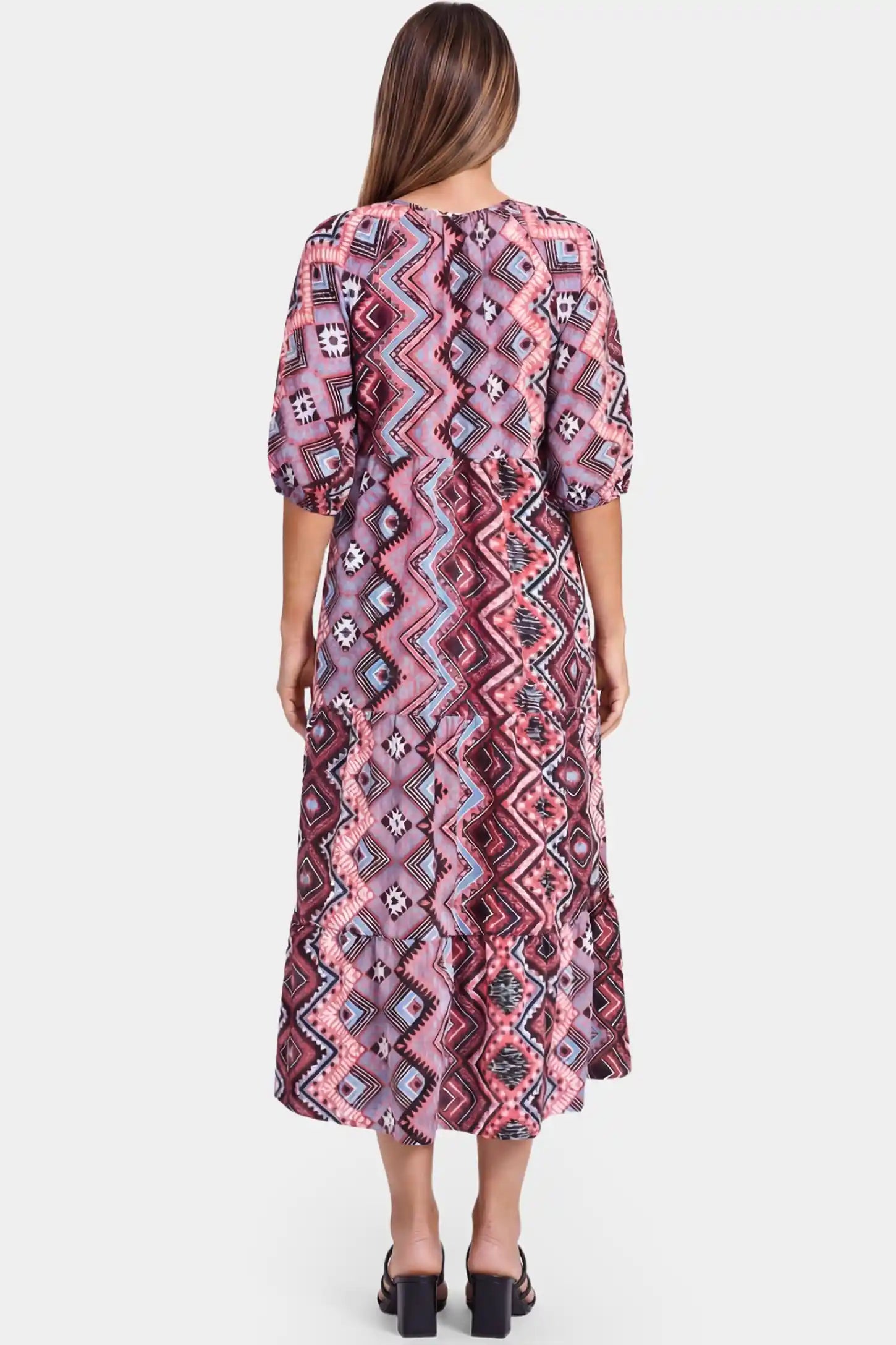 Bohemian Print V-Neck A-Line Maxi Maternity Dress Bohemian print V-neck A-line maxi maternity dress in red featuring soft chiffon-like drape in back view on a pregnant model