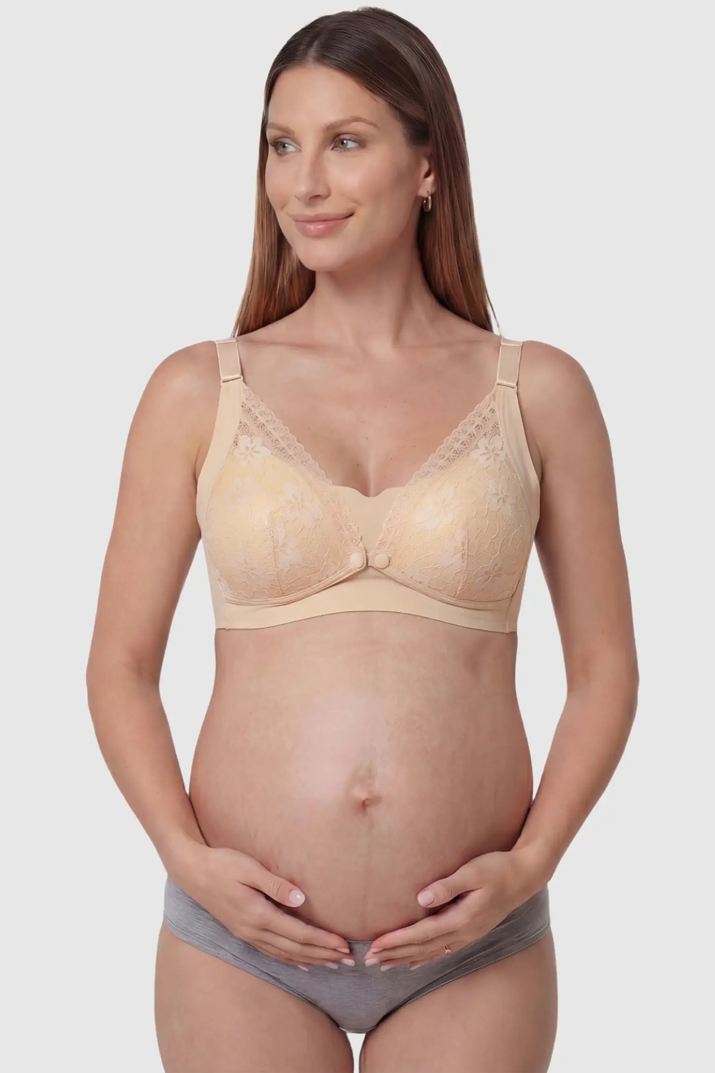 Breathable Lace U-Back Maternity Nursing Bra Breathable Lace U-Back Maternity Nursing Bra in Skin featuring a wide comfort band on a pregnant model, front view.