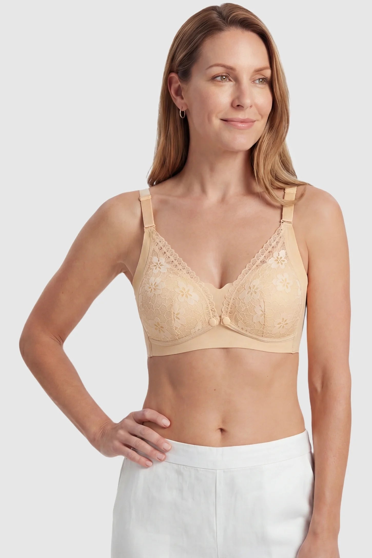 Breathable Lace U-Back Maternity Nursing Bra Skin Breathable Lace U-Back Maternity Nursing Bra featuring a functional front-down nursing clip on a postpartum model, front view.