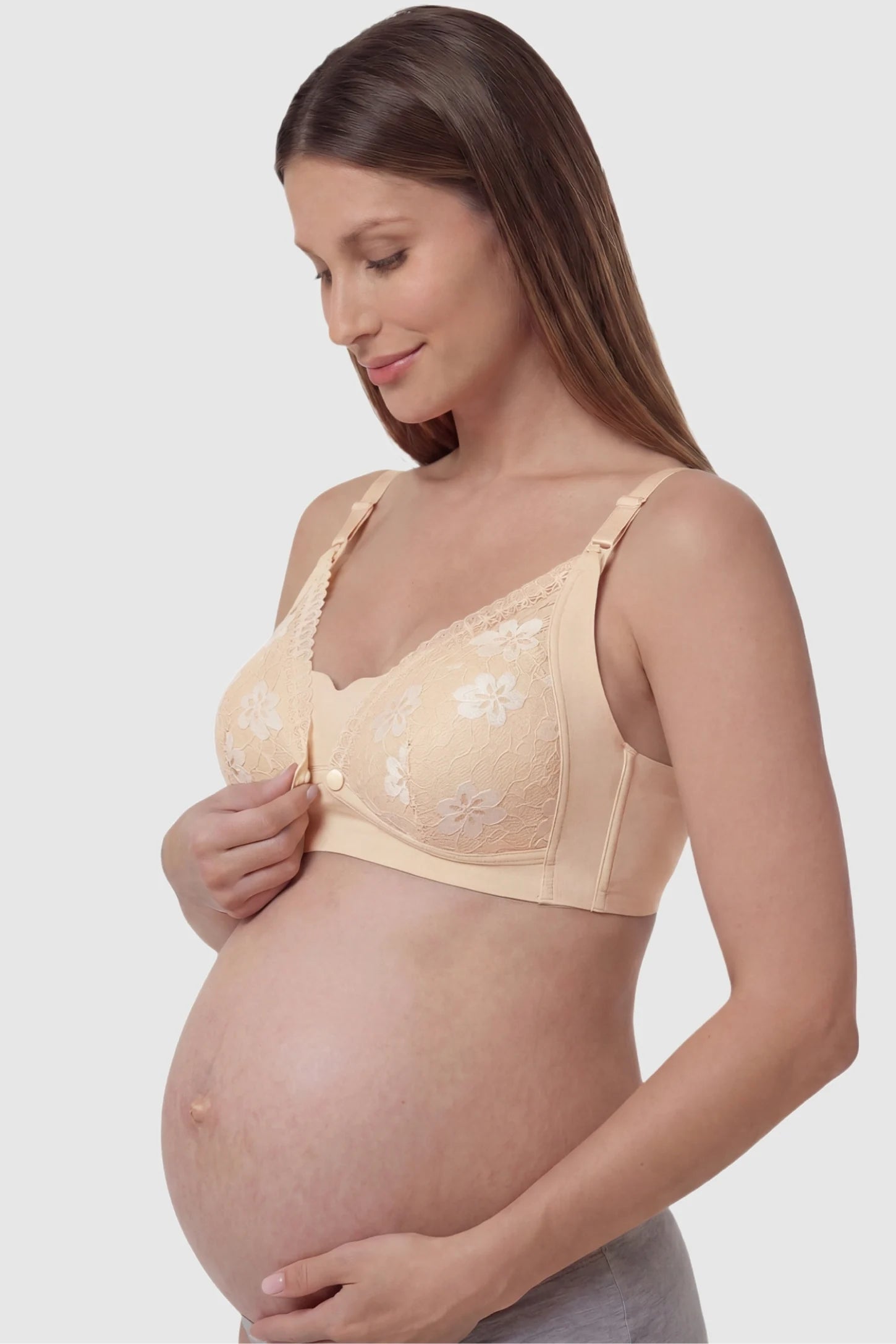 Breathable Lace U-Back Maternity Nursing Bra Skin-toned Breathable Lace U-Back Maternity Nursing Bra with soft, breathable floral lace on a pregnant model, side view.