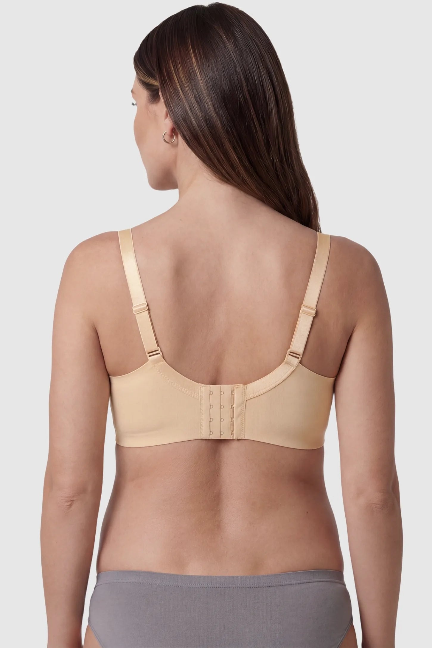 Breathable Lace U-Back Maternity Nursing Bra Breathable Lace U-Back Maternity Nursing Bra in Skin showing the smoothing U-back silhouette on a model, back view.