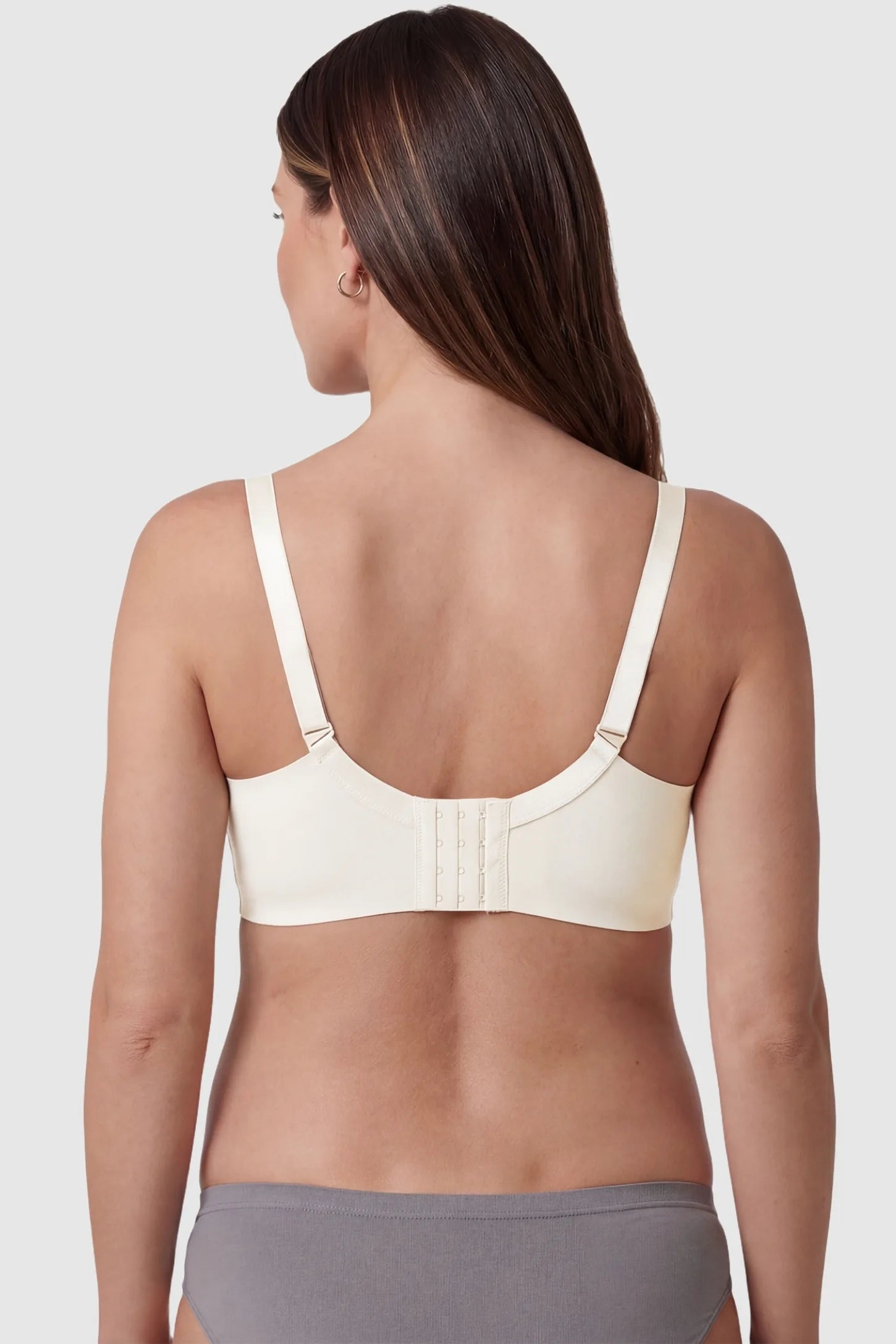 Breathable Lace U-Back Maternity Nursing Bra Breathable Lace U-Back Maternity Nursing Bra in Champagne showing the adjustable U-back for extra support on a model, back view.