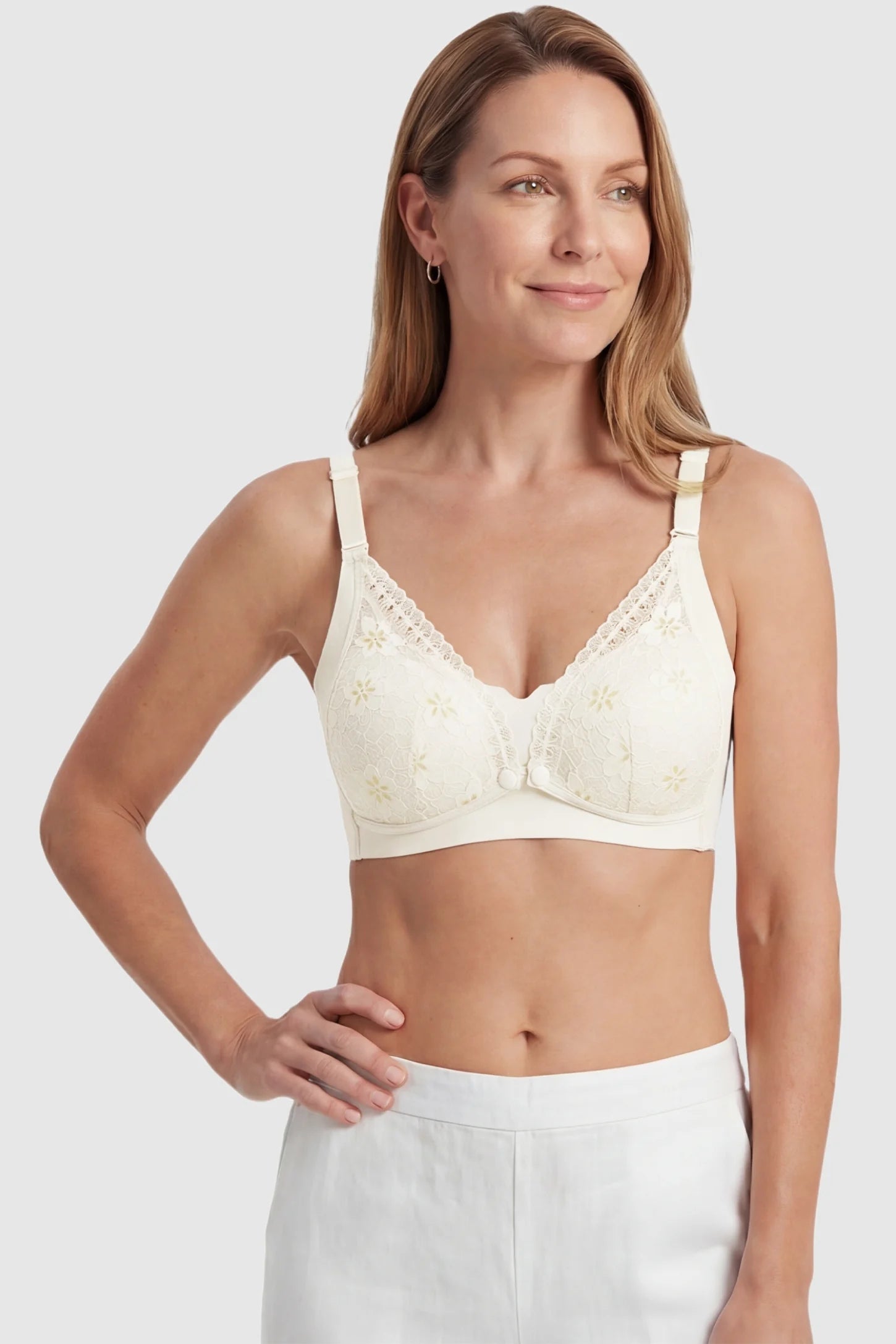 Breathable Lace U-Back Maternity Nursing Bra Champagne Breathable Lace U-Back Maternity Nursing Bra featuring a convenient one-handed nursing clip on a postpartum model, front view.
