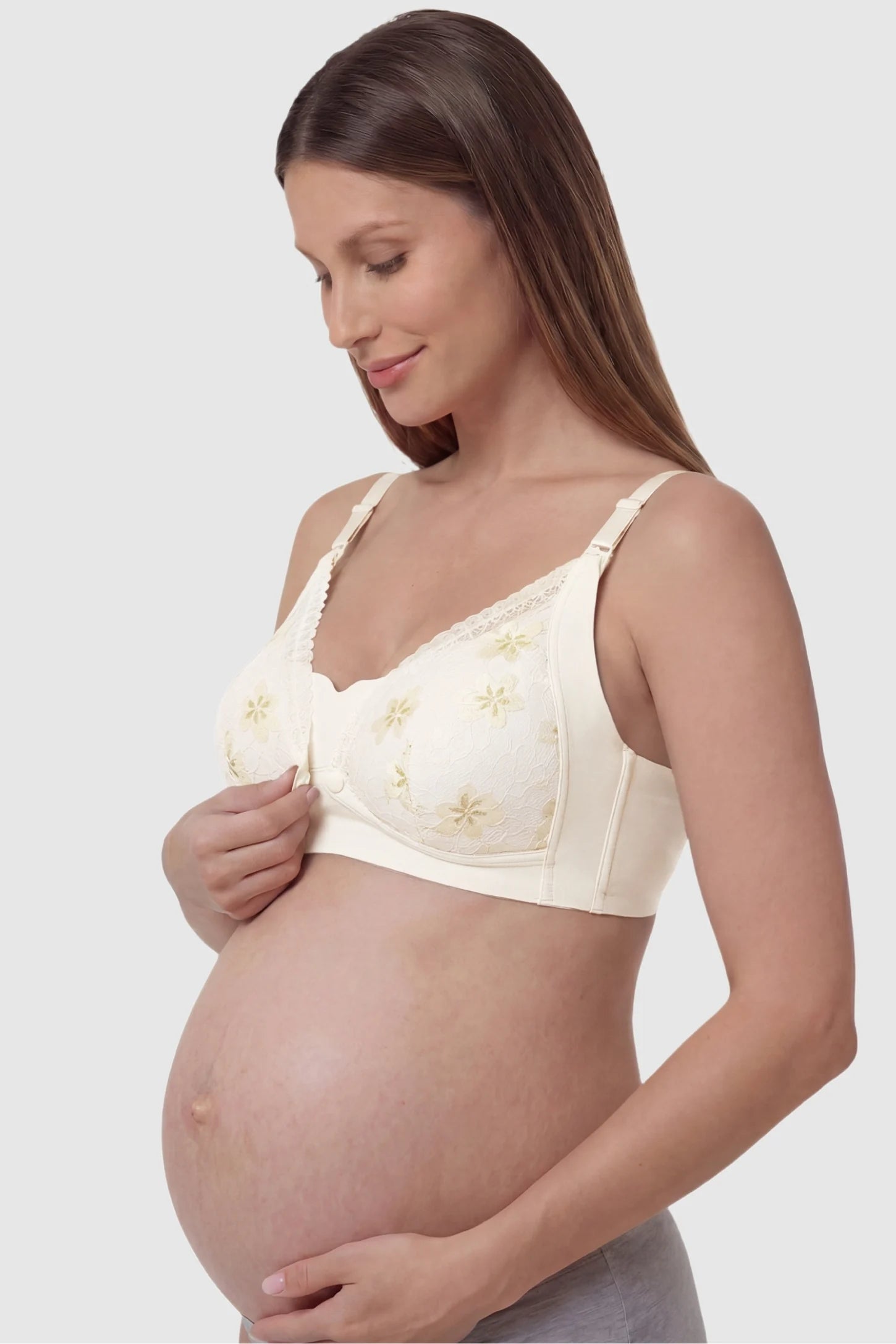 Breathable Lace U-Back Maternity Nursing Bra Champagne Breathable Lace U-Back Maternity Nursing Bra with a stretchy, non-constricting fit on a pregnant model, side view.