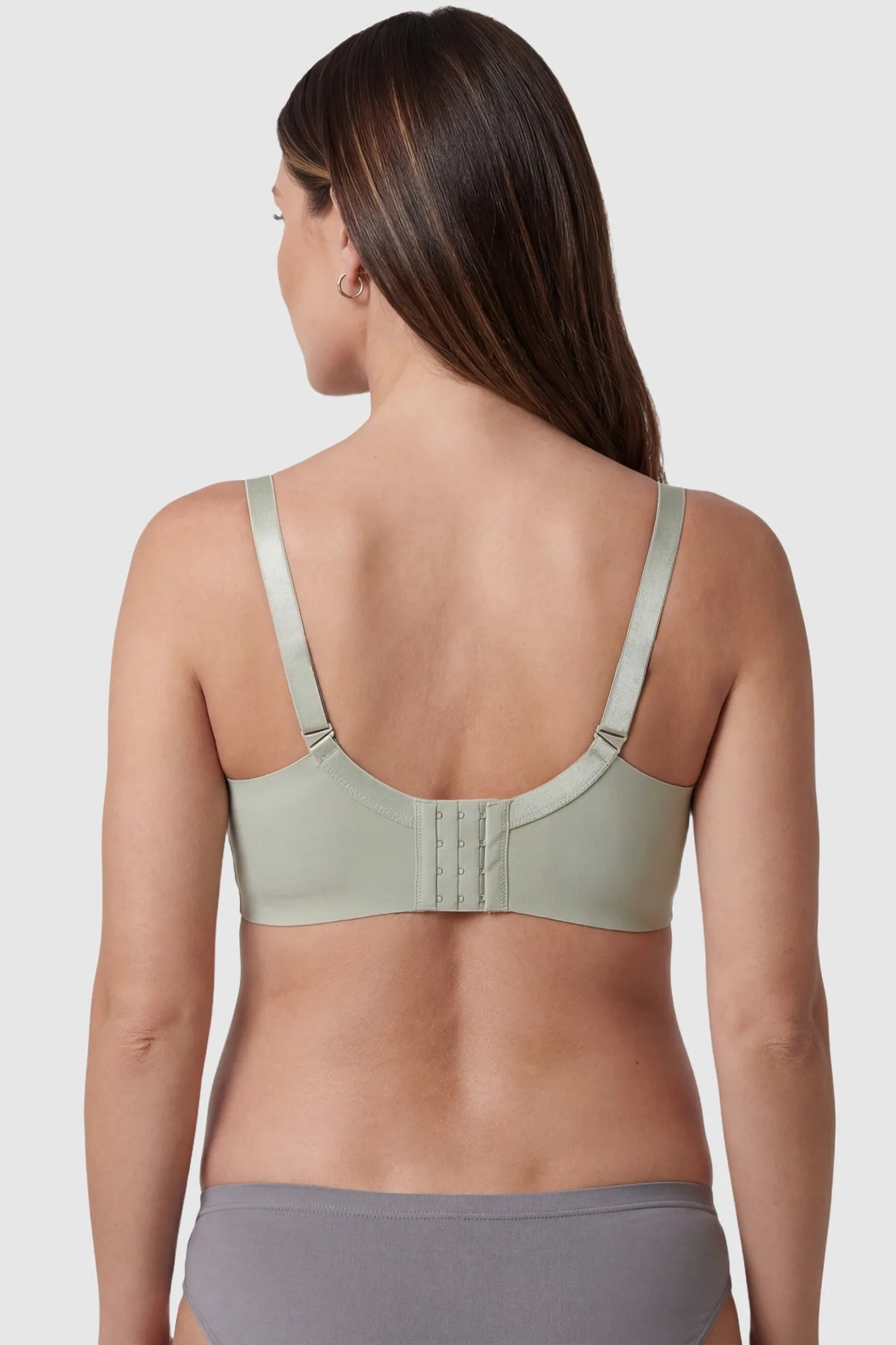 Breathable Lace U-Back Maternity Nursing Bra in Green showing the U-shaped back and 4-row hook closure on a model, back view.