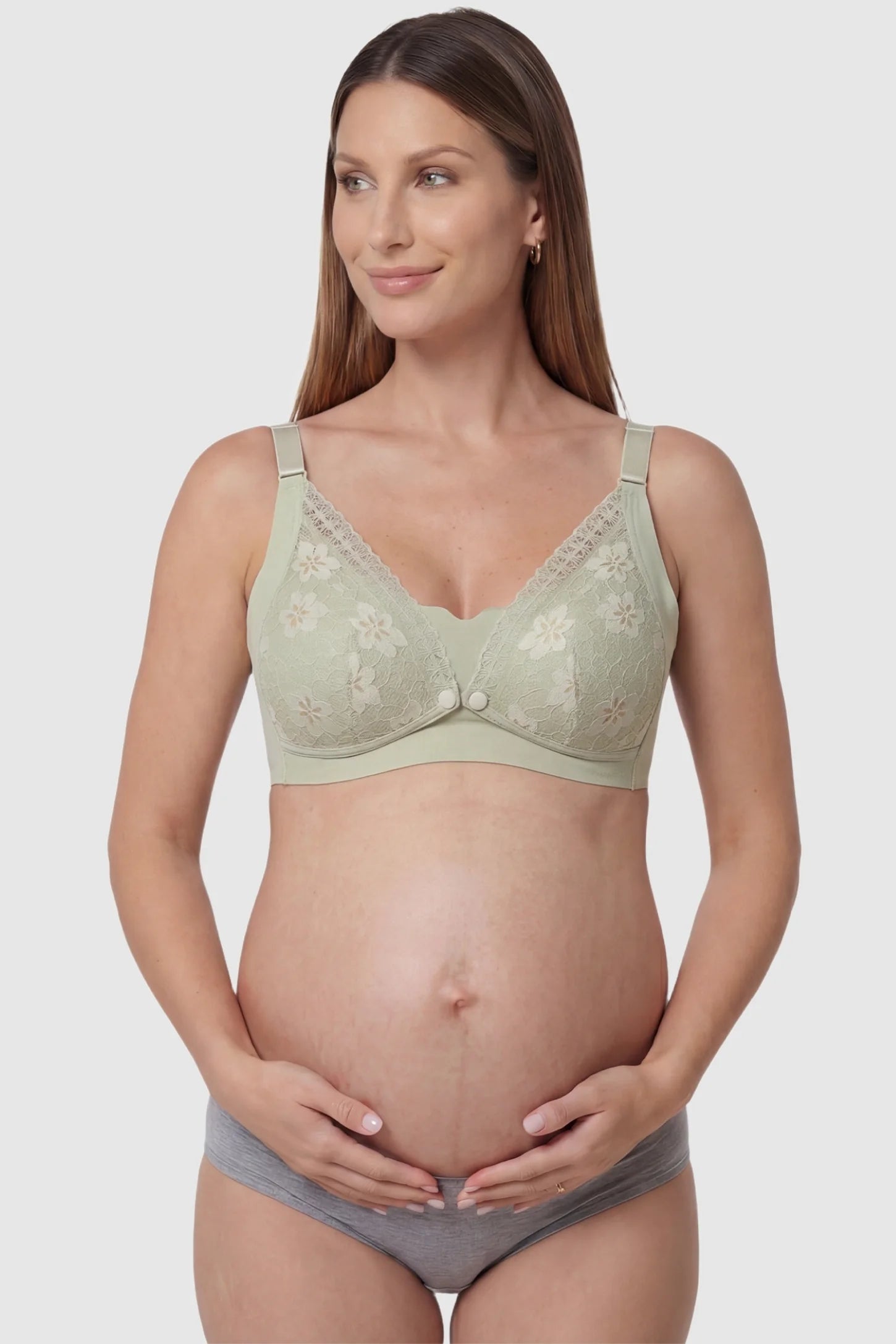 Breathable Lace U-Back Maternity Nursing Bra in Green with a supportive wire-free design on a pregnant model, front view.