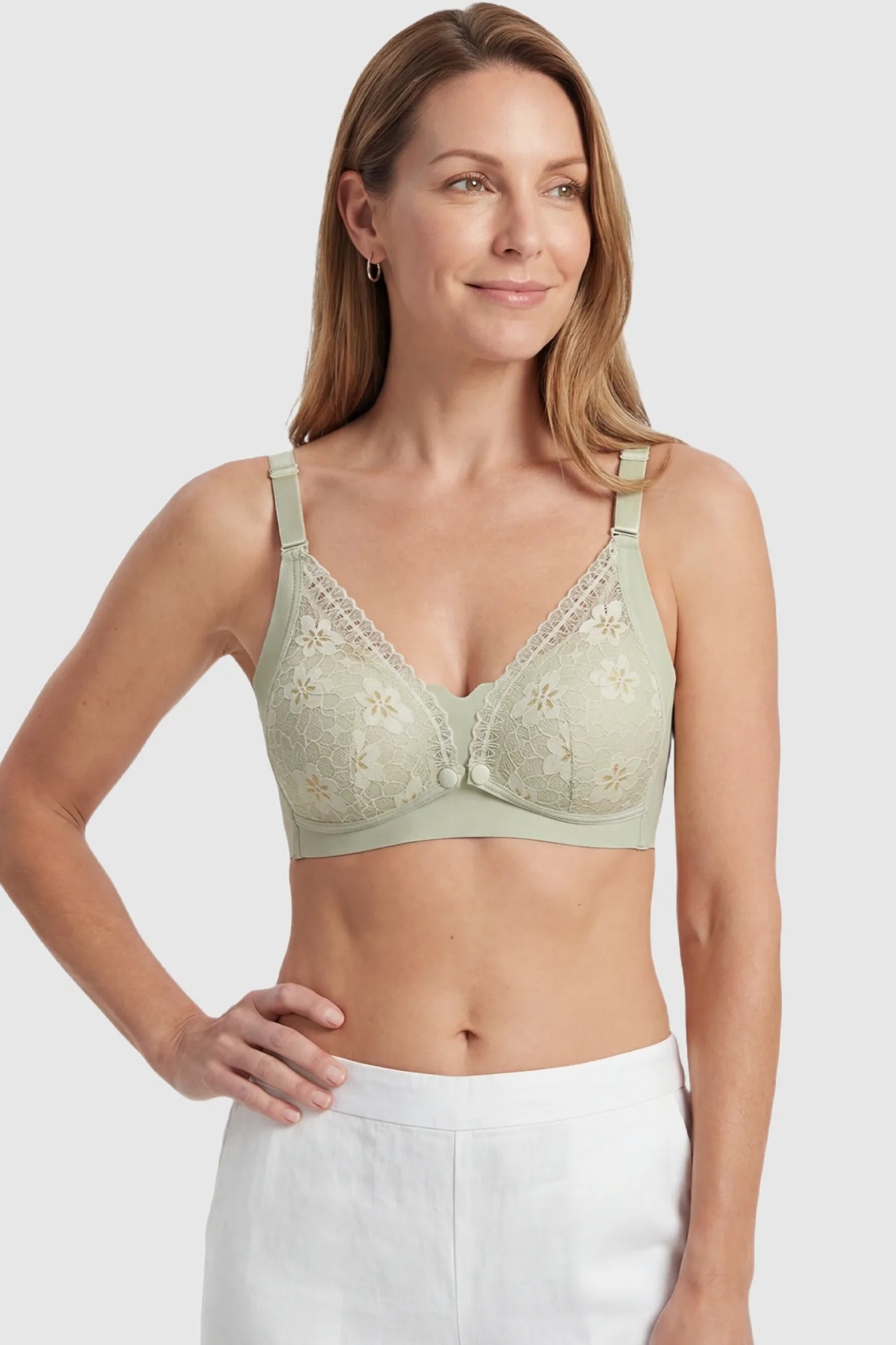 Breathable Lace U-Back Maternity Nursing Bra Green Breathable Lace U-Back Maternity Nursing Bra featuring easy-access nursing clips on a postpartum model, front view.