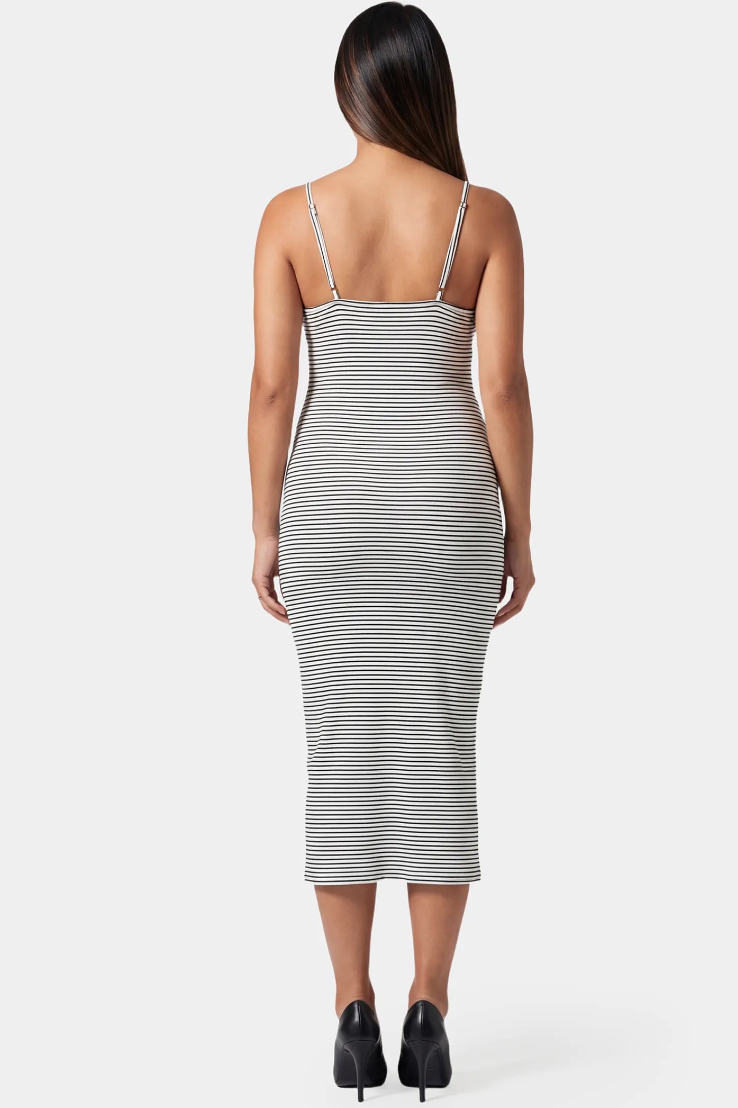 Sleeveless Button-Down Split Hem Midi Maternity Dress Sleeveless button-down split hem midi maternity dress in gray and white stripes featuring thin strap design in back view on a pregnant model