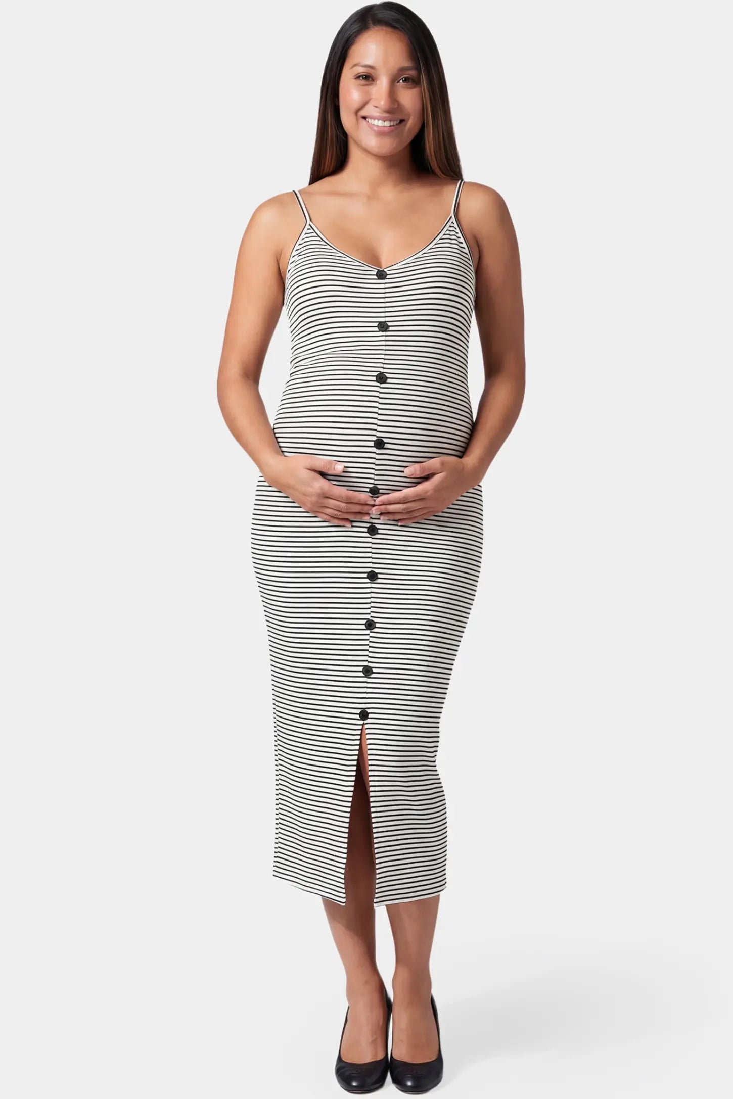 Sleeveless button-down split hem midi maternity dress in gray and white stripes featuring button-front detail in front view on a pregnant model