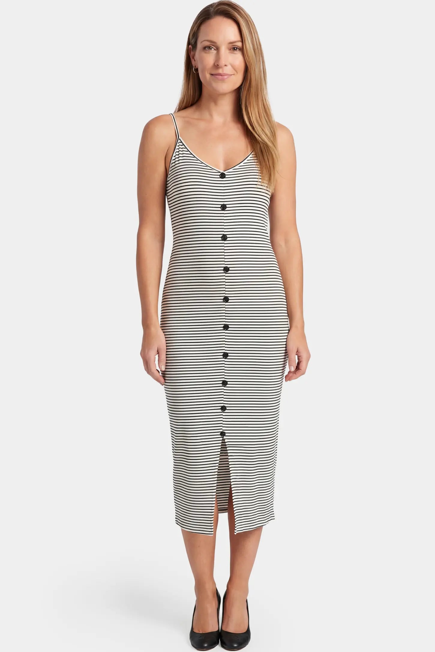 Sleeveless Button-Down Split Hem Midi Maternity Dress Sleeveless button-down split hem midi maternity dress in gray and white stripes featuring button-front detail in front view on a postpartum model
