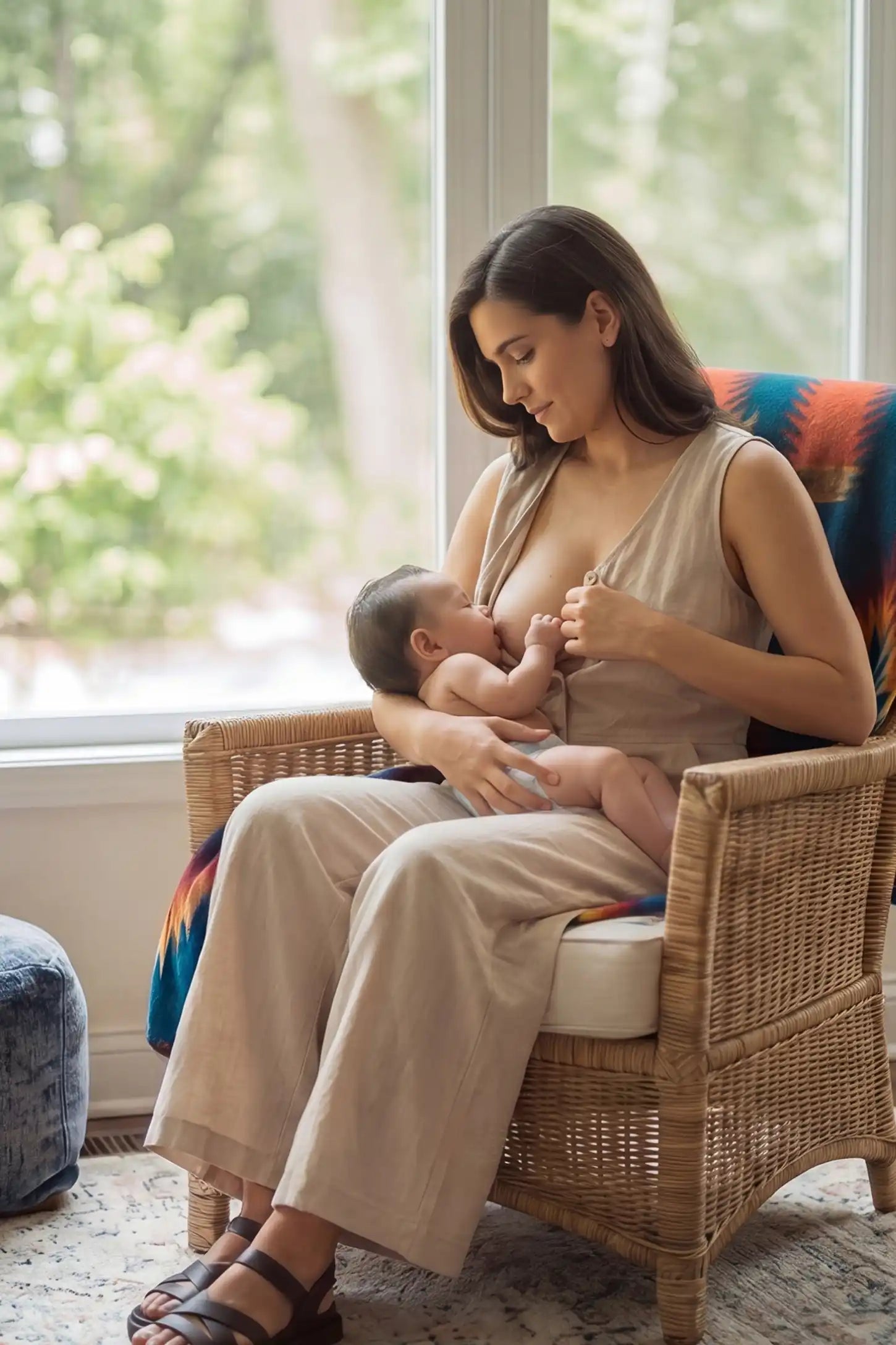 Wide-Leg V-Neck Button-Front Maternity Jumpsuit Wide-leg V-neck button-front maternity jumpsuit in beige with discreet nursing access, side view on pregnant model