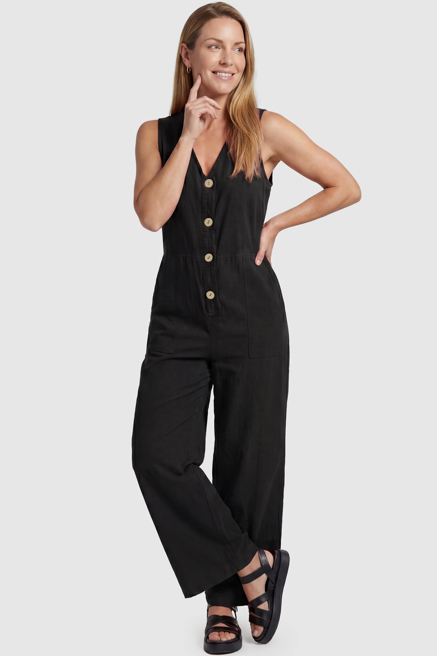 Wide-Leg V-Neck Button-Front Maternity Jumpsuit Wide-leg V-neck button-front maternity jumpsuit in black with sleeveless V-neckline and button-front detail, front view on postpartum model