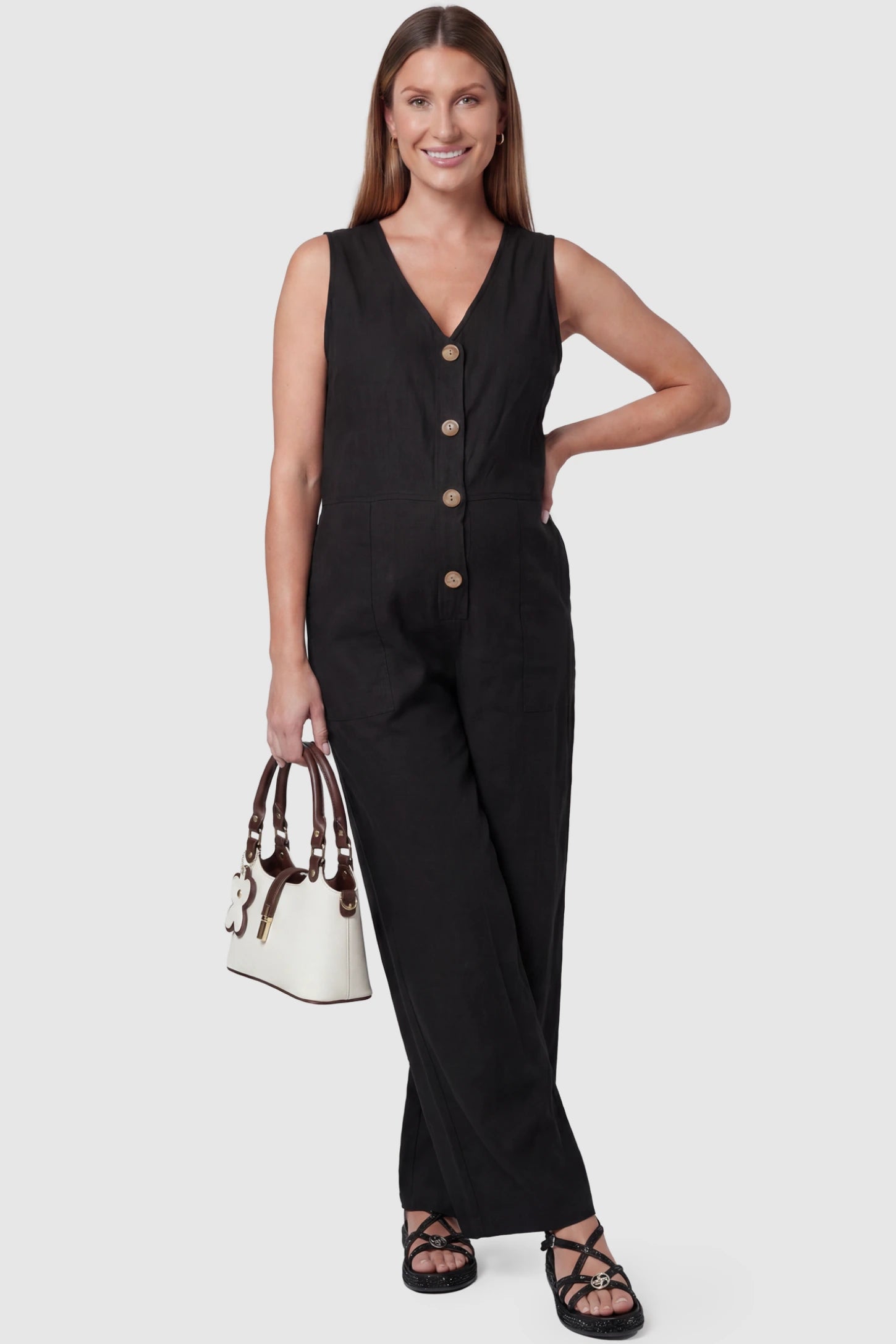 Wide-Leg V-Neck Button-Front Maternity Jumpsuit Wide-leg V-neck button-front maternity jumpsuit in black with sleeveless V-neckline and button-front detail, front view on pregnant model