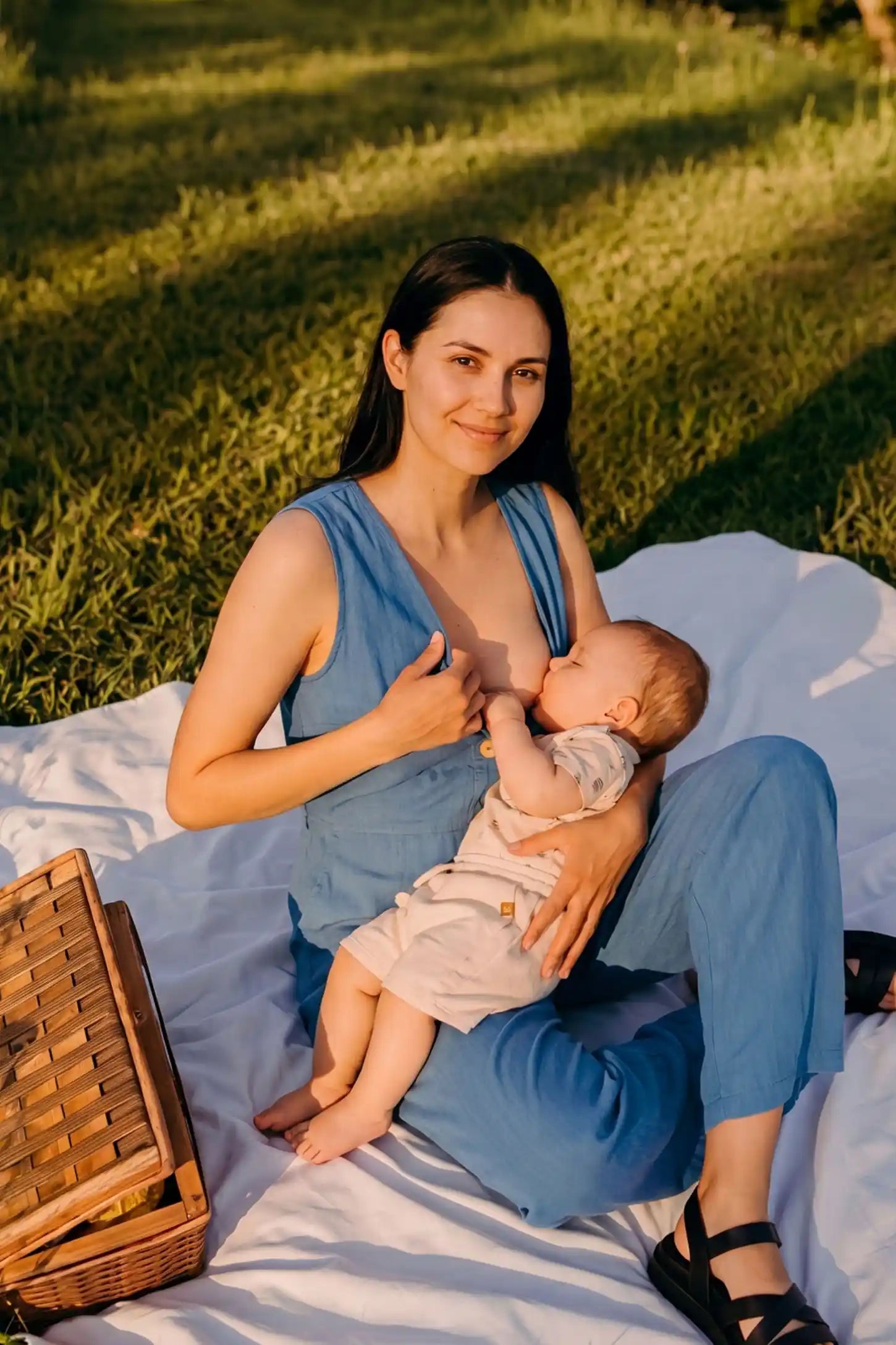 Wide-Leg V-Neck Button-Front Maternity Jumpsuit Wide-leg V-neck button-front maternity jumpsuit in blue with discreet nursing access, front view on pregnant model
