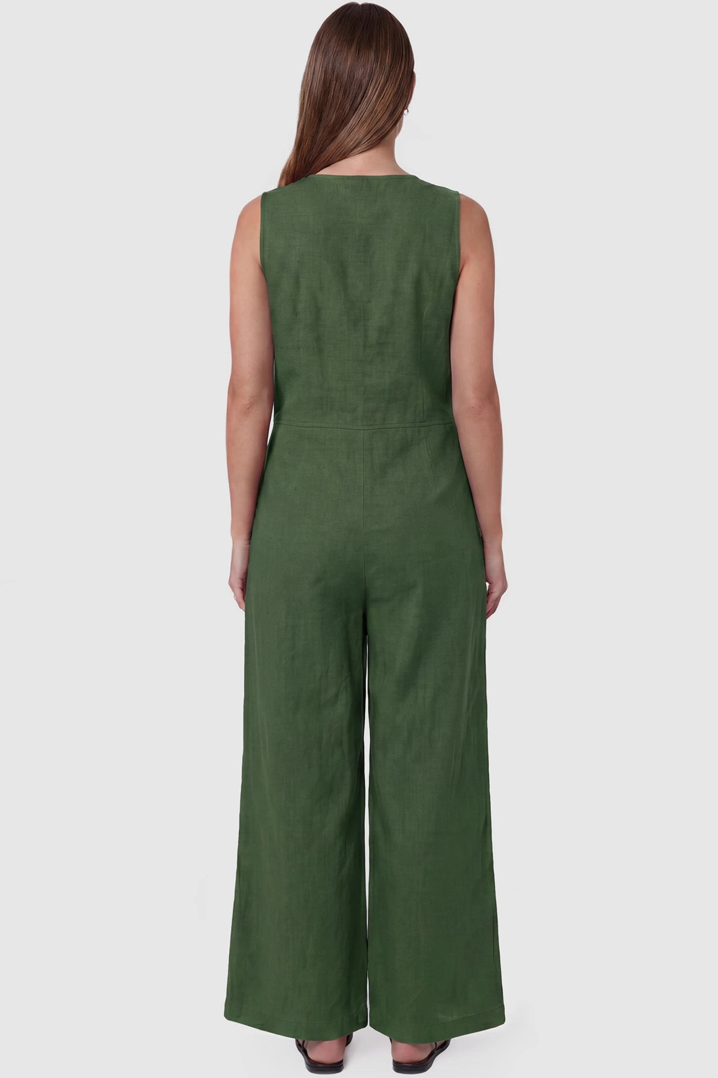 Wide-Leg V-Neck Button-Front Maternity Jumpsuit Wide-leg V-neck button-front maternity jumpsuit in green with sleeveless cut, back view on pregnant model