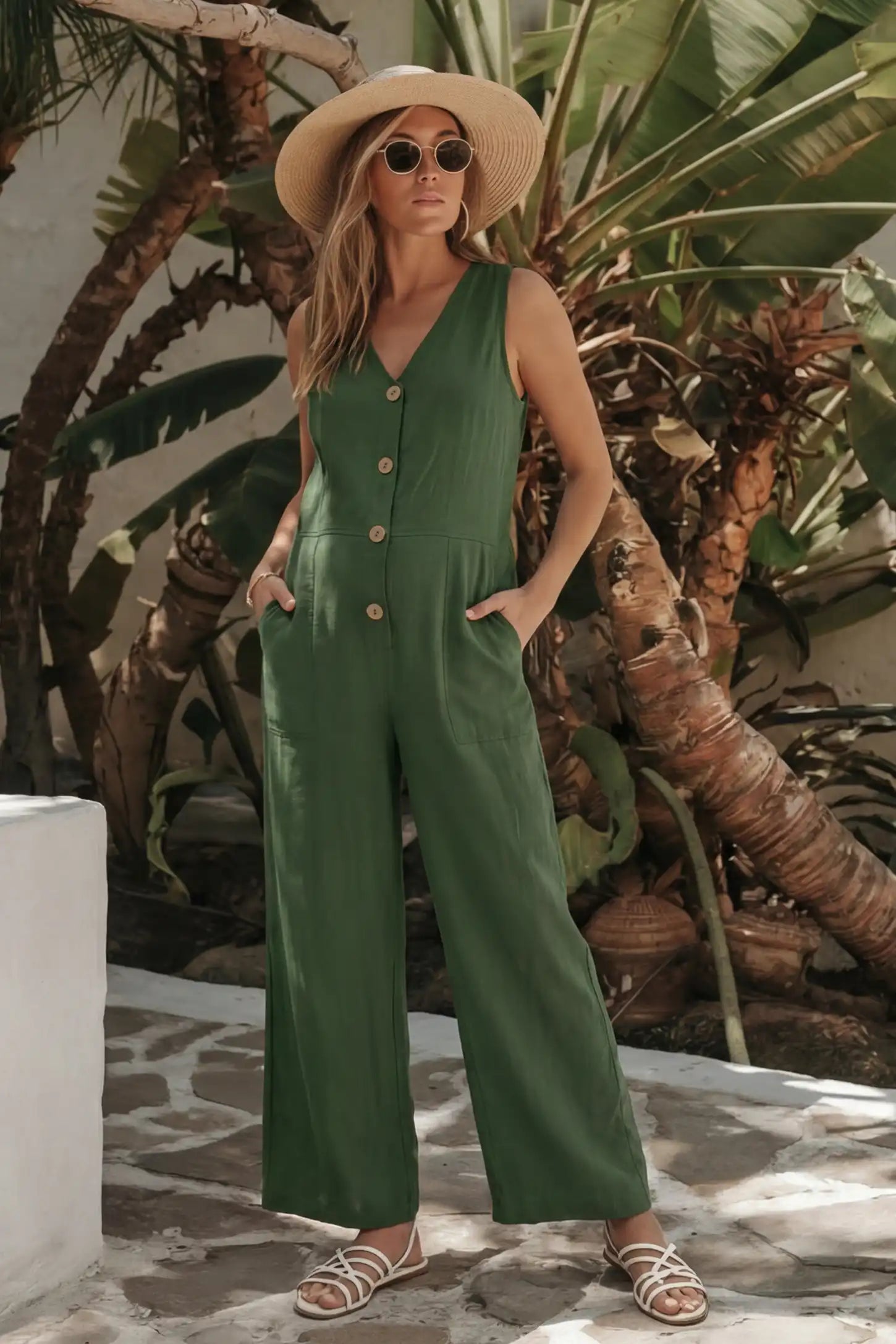 Wide-Leg V-Neck Button-Front Maternity Jumpsuit Wide-leg V-neck button-front maternity jumpsuit in green with sleeveless V-neckline and button-front detail, front view on pregnant model