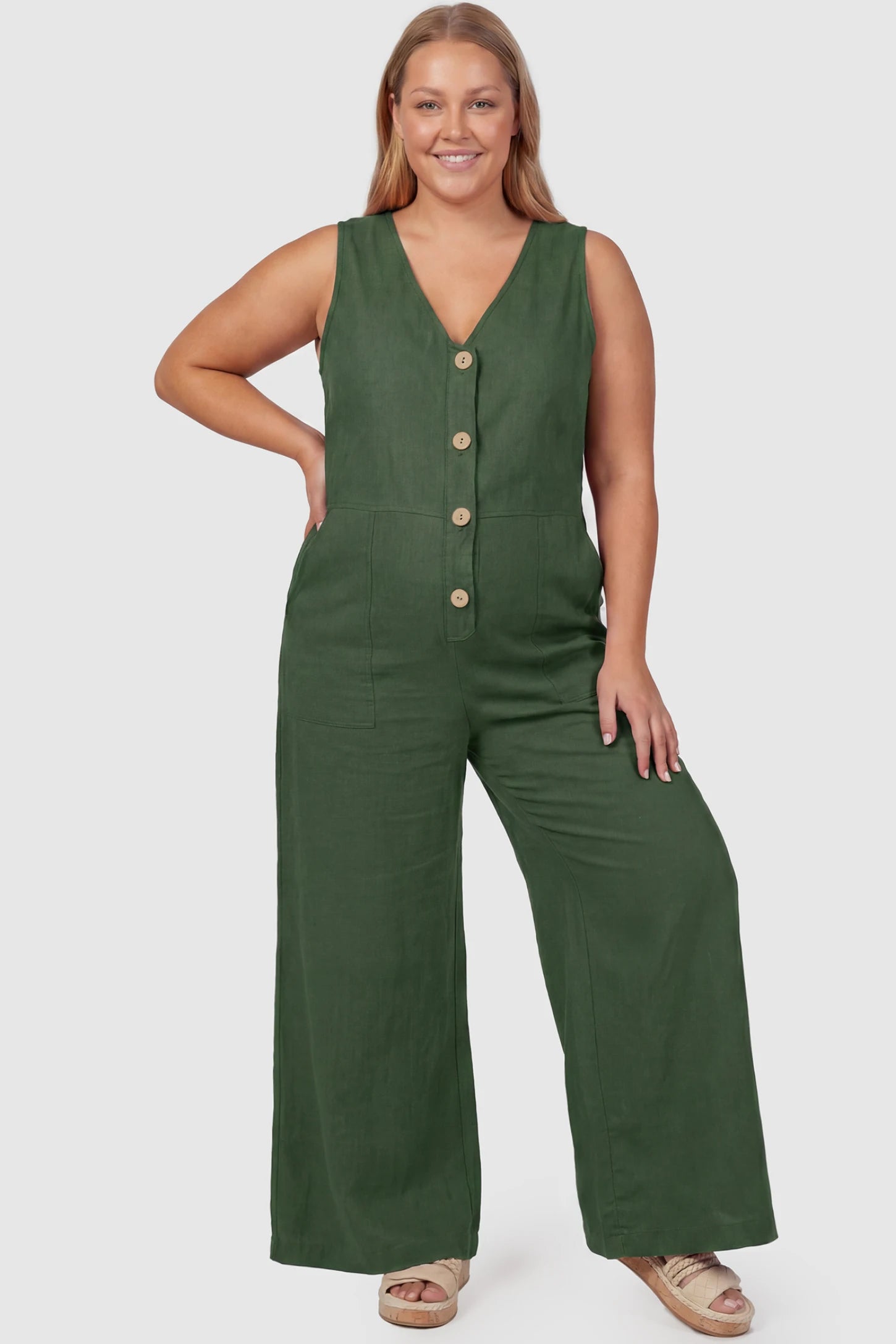 Wide-Leg V-Neck Button-Front Maternity Jumpsuit Wide-leg V-neck button-front maternity jumpsuit in green with sleeveless V-neckline and button-front detail, front view on plus-size model