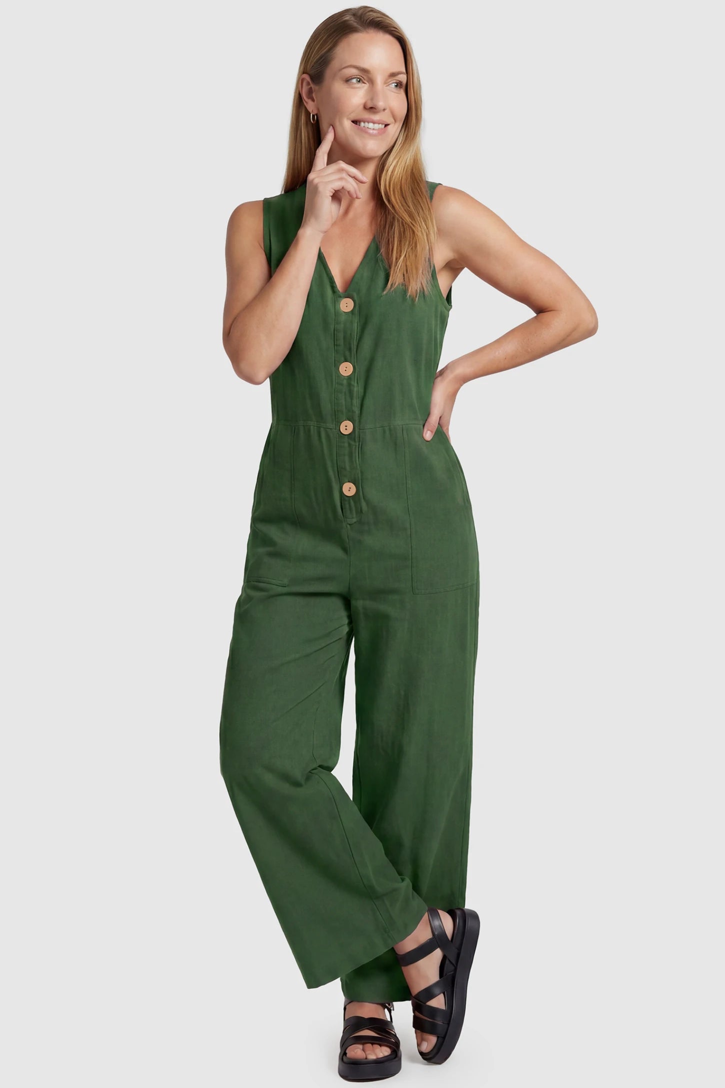 Wide-Leg V-Neck Button-Front Maternity Jumpsuit Wide-leg V-neck button-front maternity jumpsuit in green with sleeveless V-neckline and button-front detail, front view on postpartum model