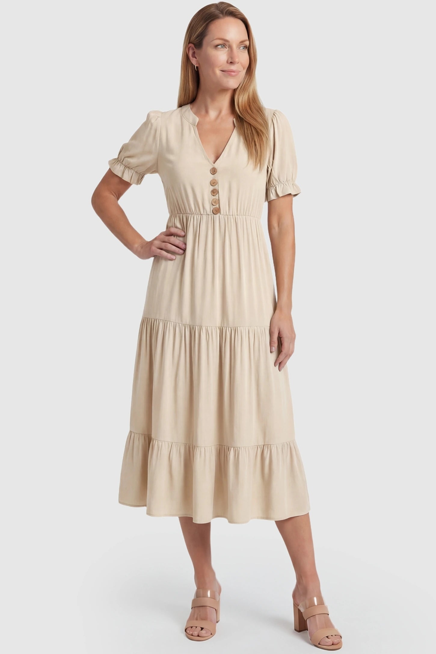 Button-Front Tiered Maternity Midi Dress Button-Front Tiered Midi Dress in Apricot featuring a stand-up collar and button-front design on a non-pregnant model.