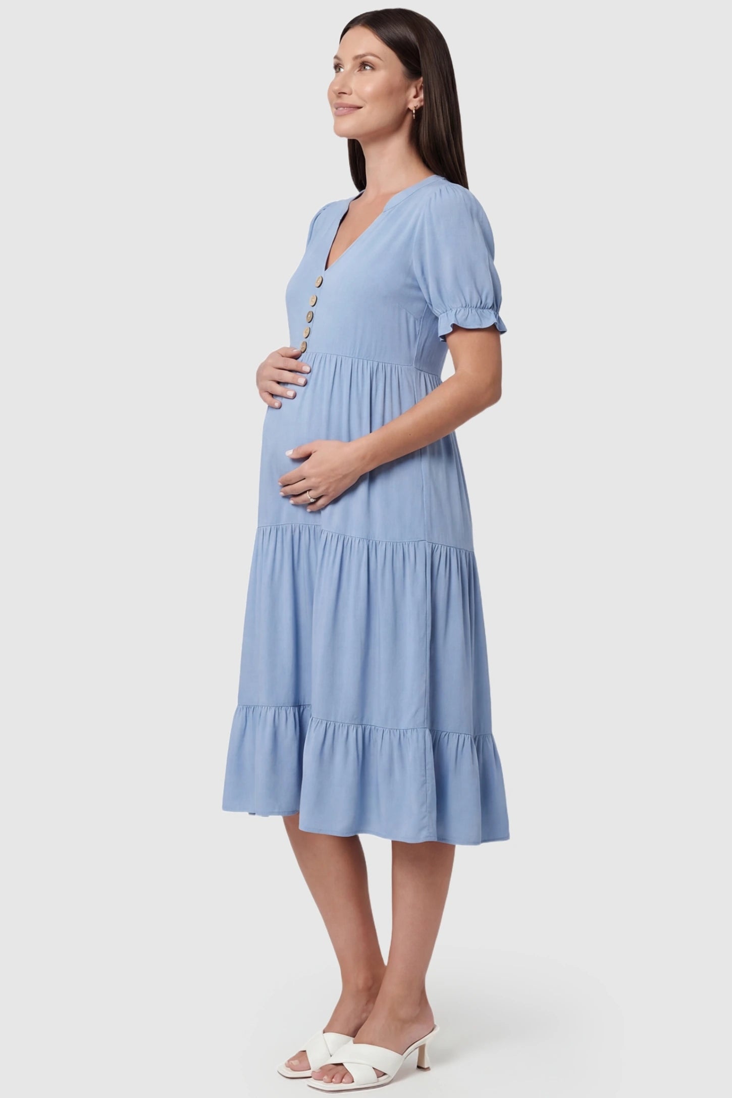 Button-Front Tiered Maternity Midi Dress in Blue featuring ruffled splicing and a high-waisted A-line cut on a pregnant model.