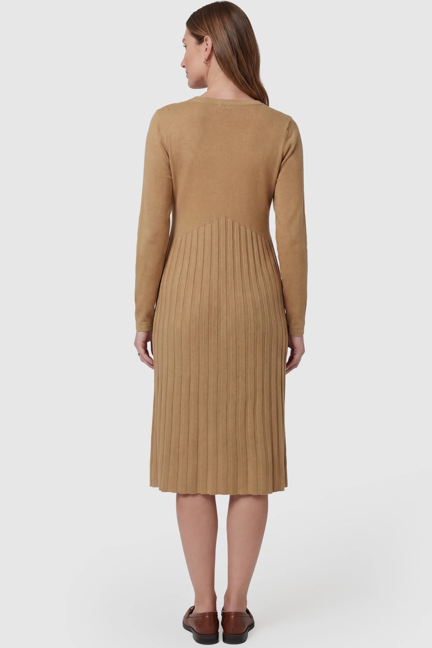 Button-Up Empire Waist Maternity Midi Dress Button-up empire waist maternity midi dress in beige with soft pleated detail, back view on pregnant model