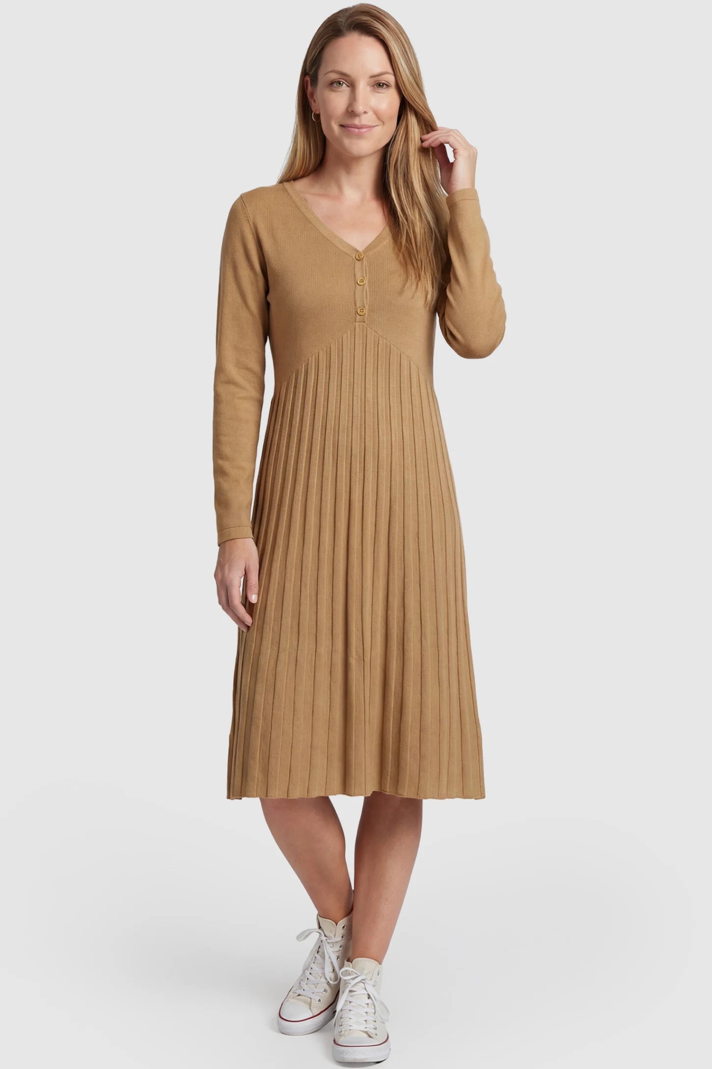 Button-Up Empire Waist Maternity Midi Dress Button-up empire waist maternity midi dress in beige with button-up front detail, front view on postpartum model