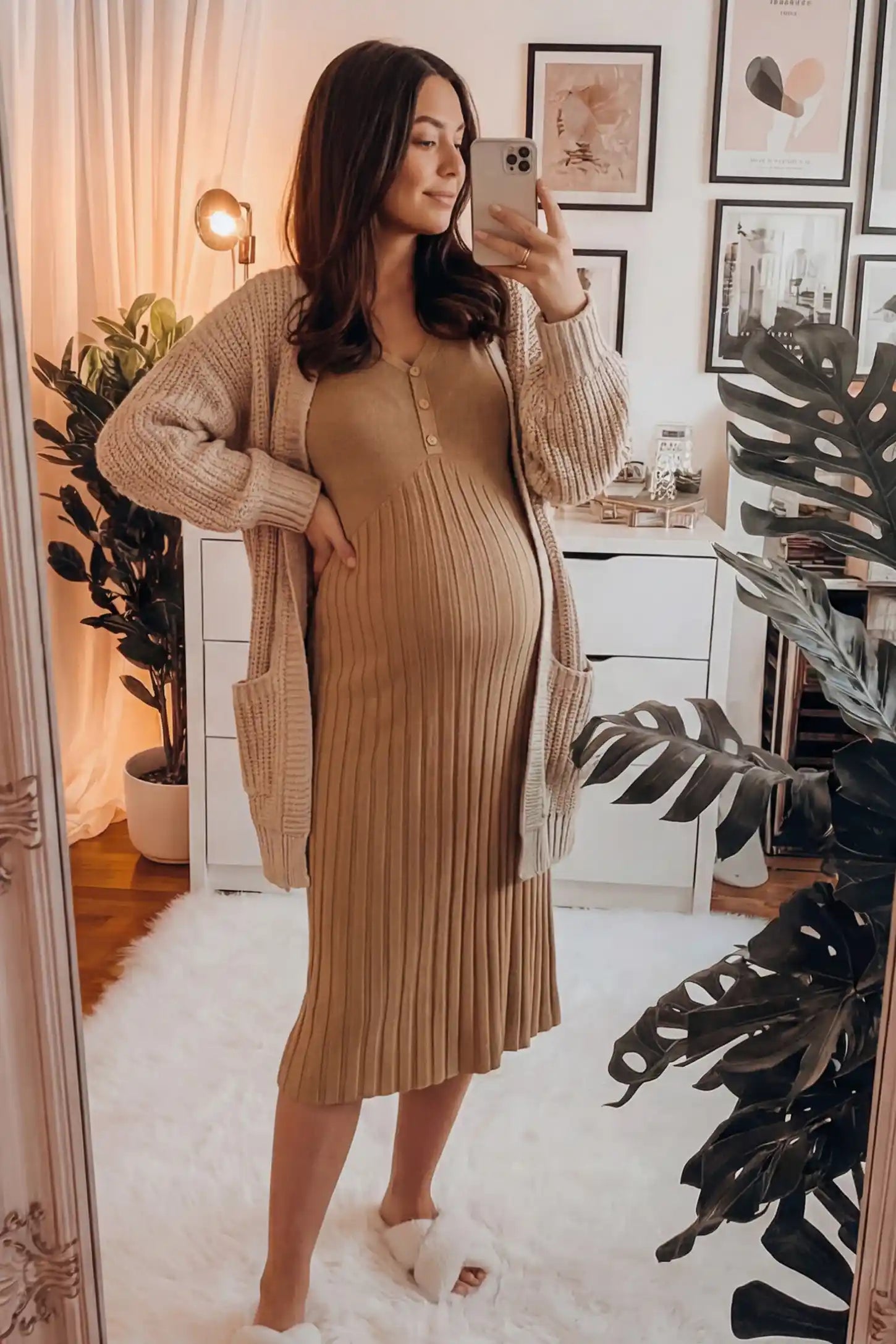 Button-Up Empire Waist Maternity Midi Dress Button-up empire waist maternity midi dress in beige with button-up front detail, front view on pregnant model