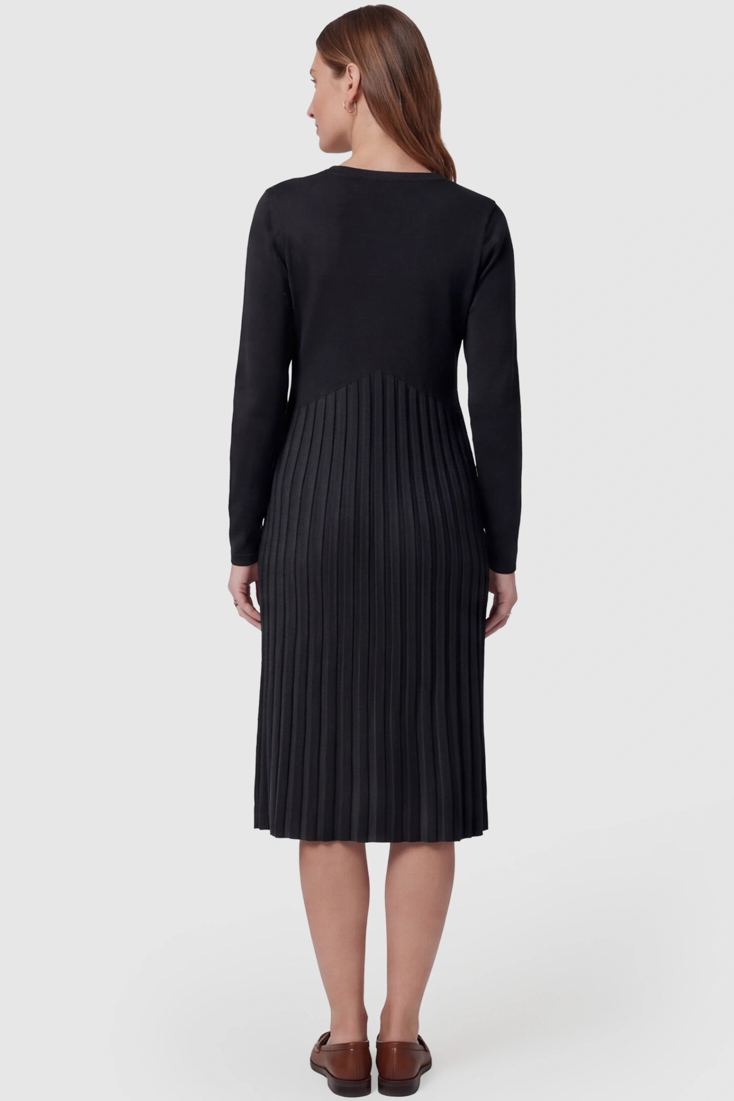 Button-Up Empire Waist Maternity Midi Dress Button-up empire waist maternity midi dress in black with soft pleated detail, back view on pregnant model