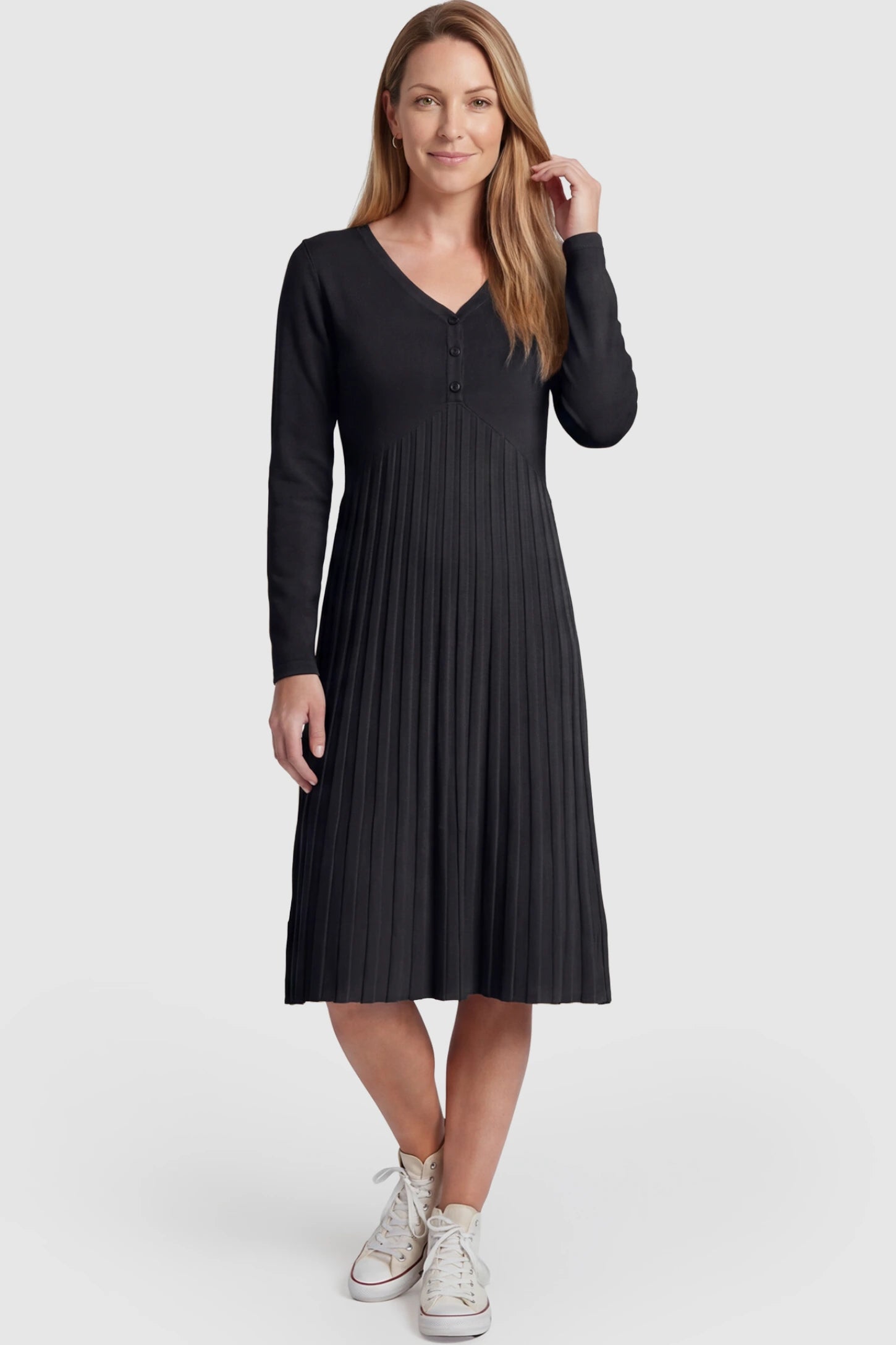 Button-Up Empire Waist Maternity Midi Dress Button-up empire waist maternity midi dress in black with button-up front detail, front view on postpartum model