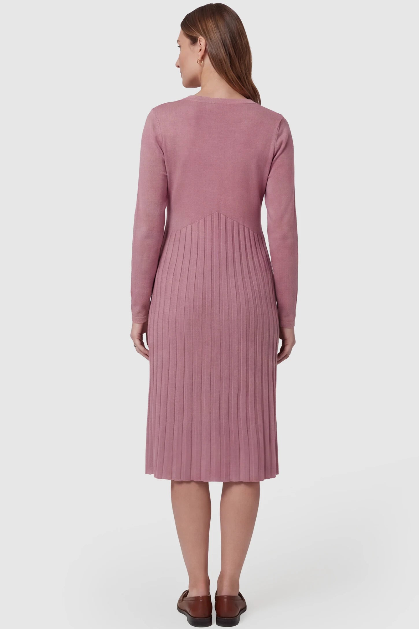 Button-Up Empire Waist Maternity Midi Dress Button-up empire waist maternity midi dress in pink with soft pleated detail, back view on pregnant model